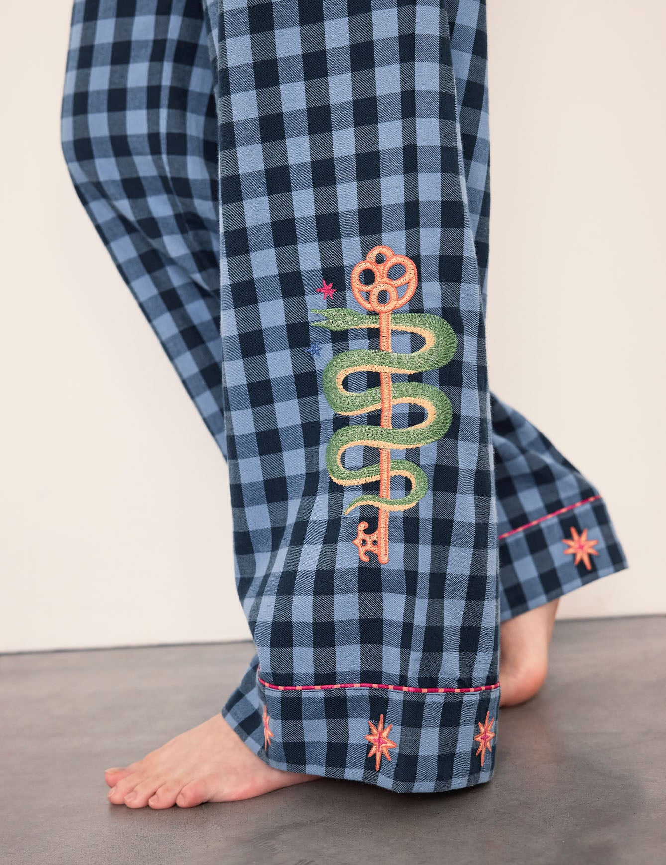 Organic Cotton Embroidered Gingham Mythical Dragon Print Long Pyjama Set