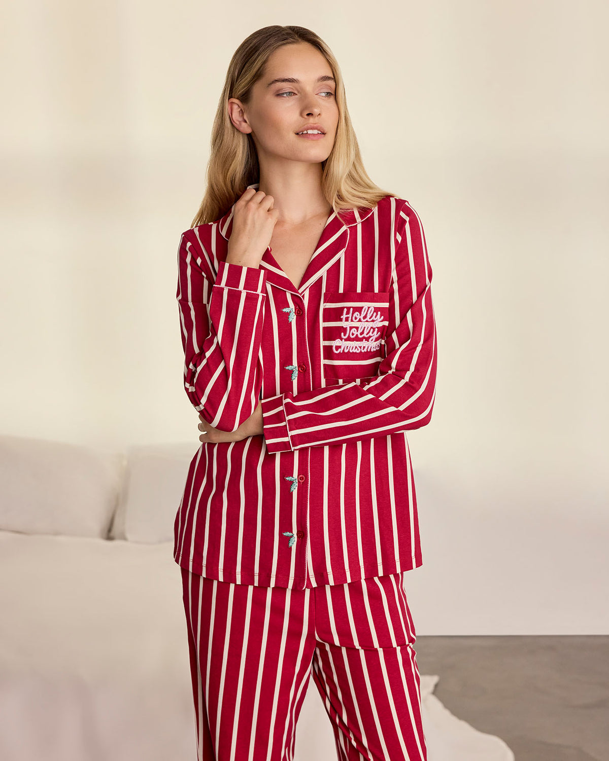 Organic Cotton Embroidered Holly Jolly Christmas Long Pyjama Set