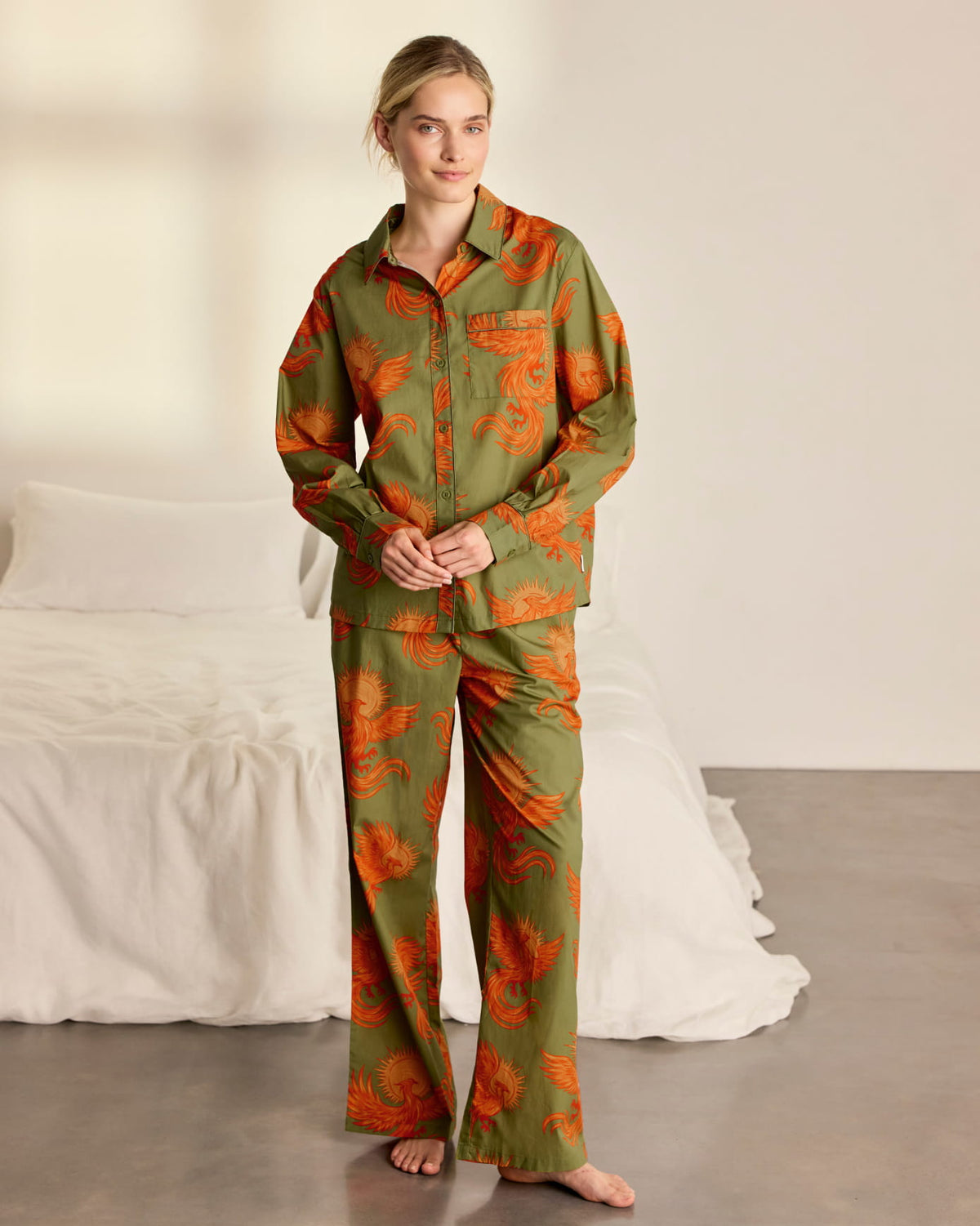 Organic Cotton Solar Phoenix Print Long Pyjama Set - Khaki