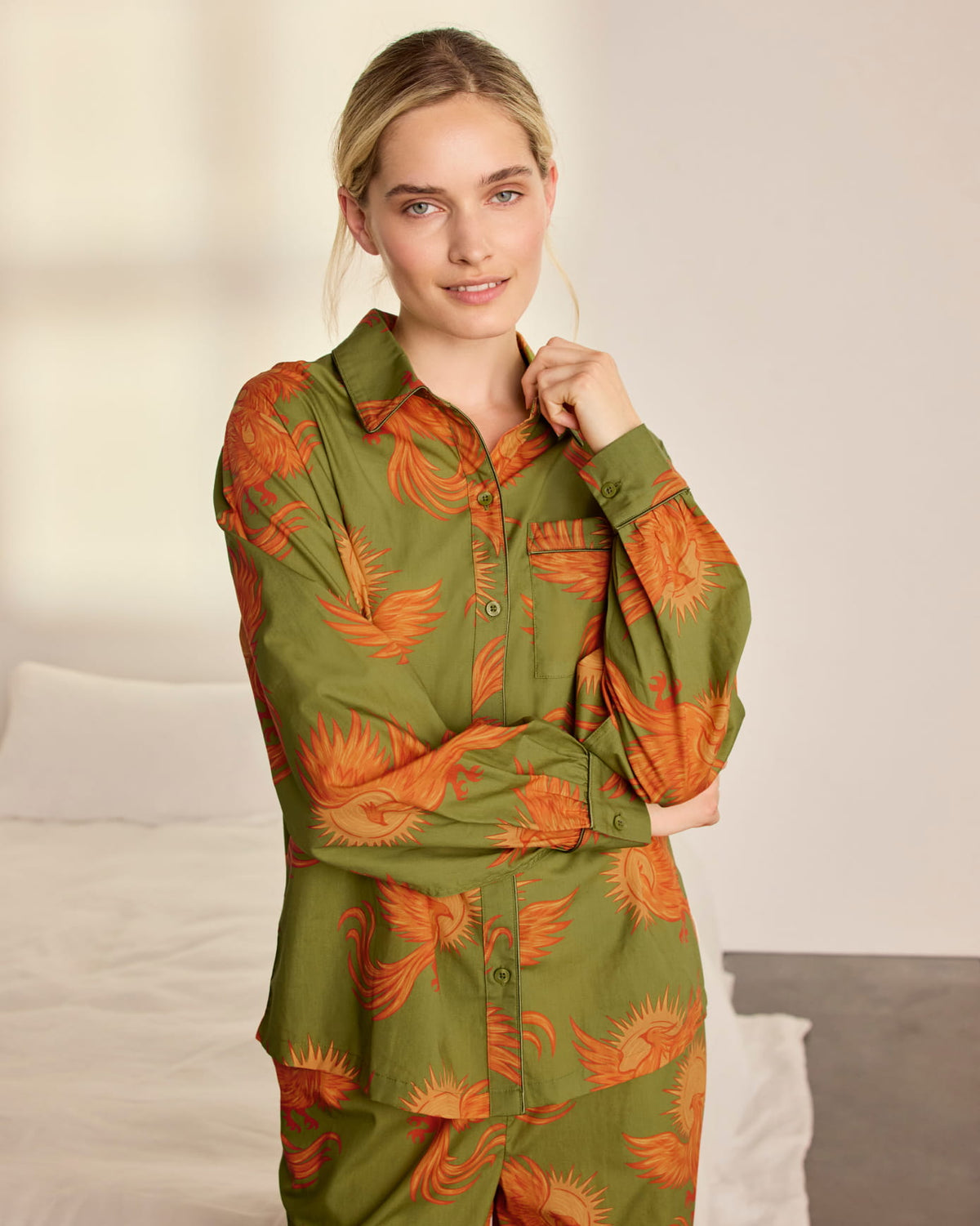 Organic Cotton Solar Phoenix Print Long Pyjama Set - Khaki