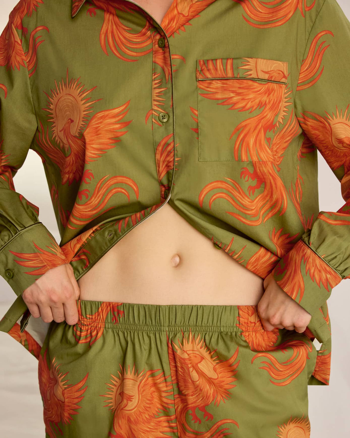 Organic Cotton Solar Phoenix Print Long Pyjama Set - Khaki