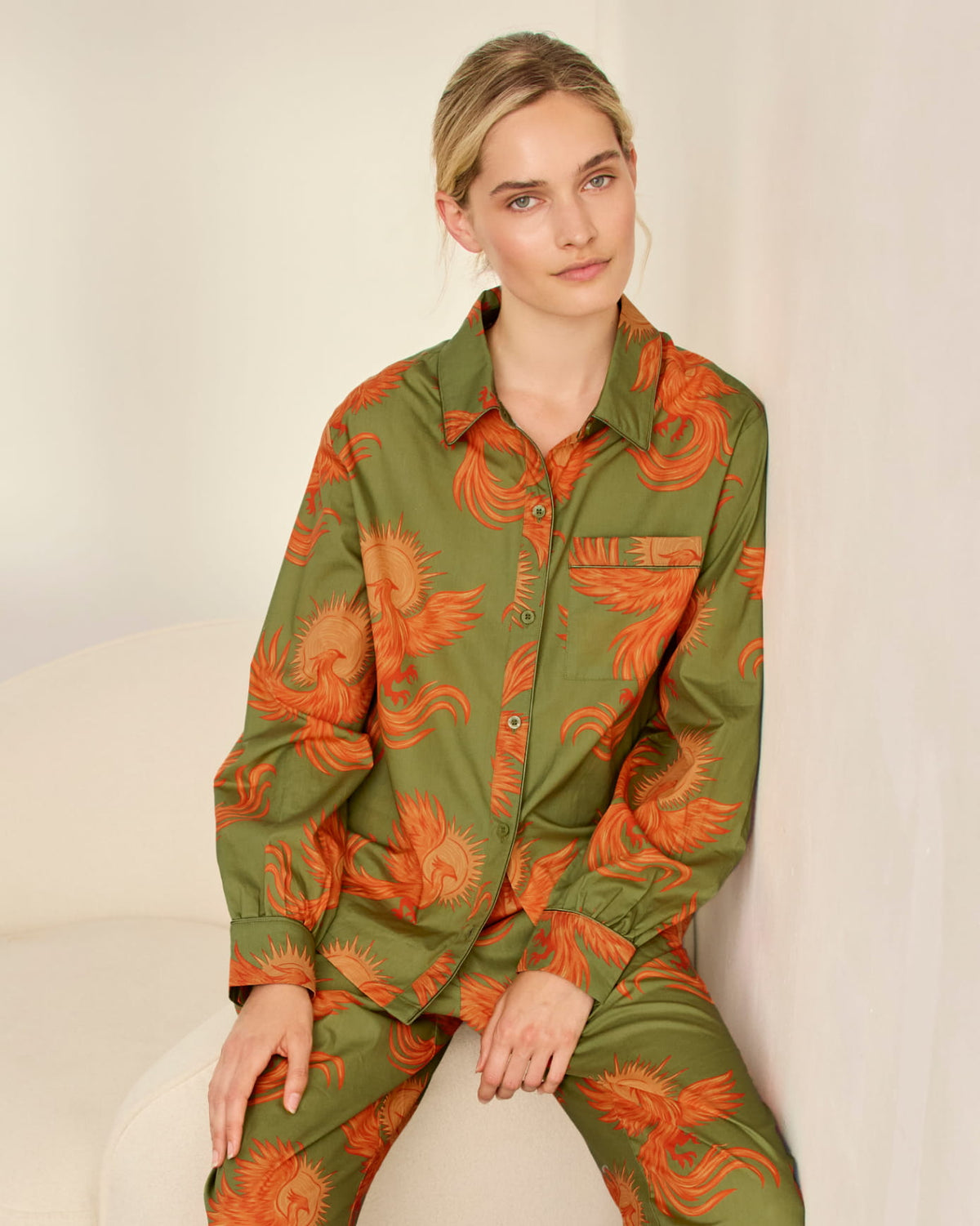 Organic Cotton Solar Phoenix Print Long Pyjama Set - Khaki