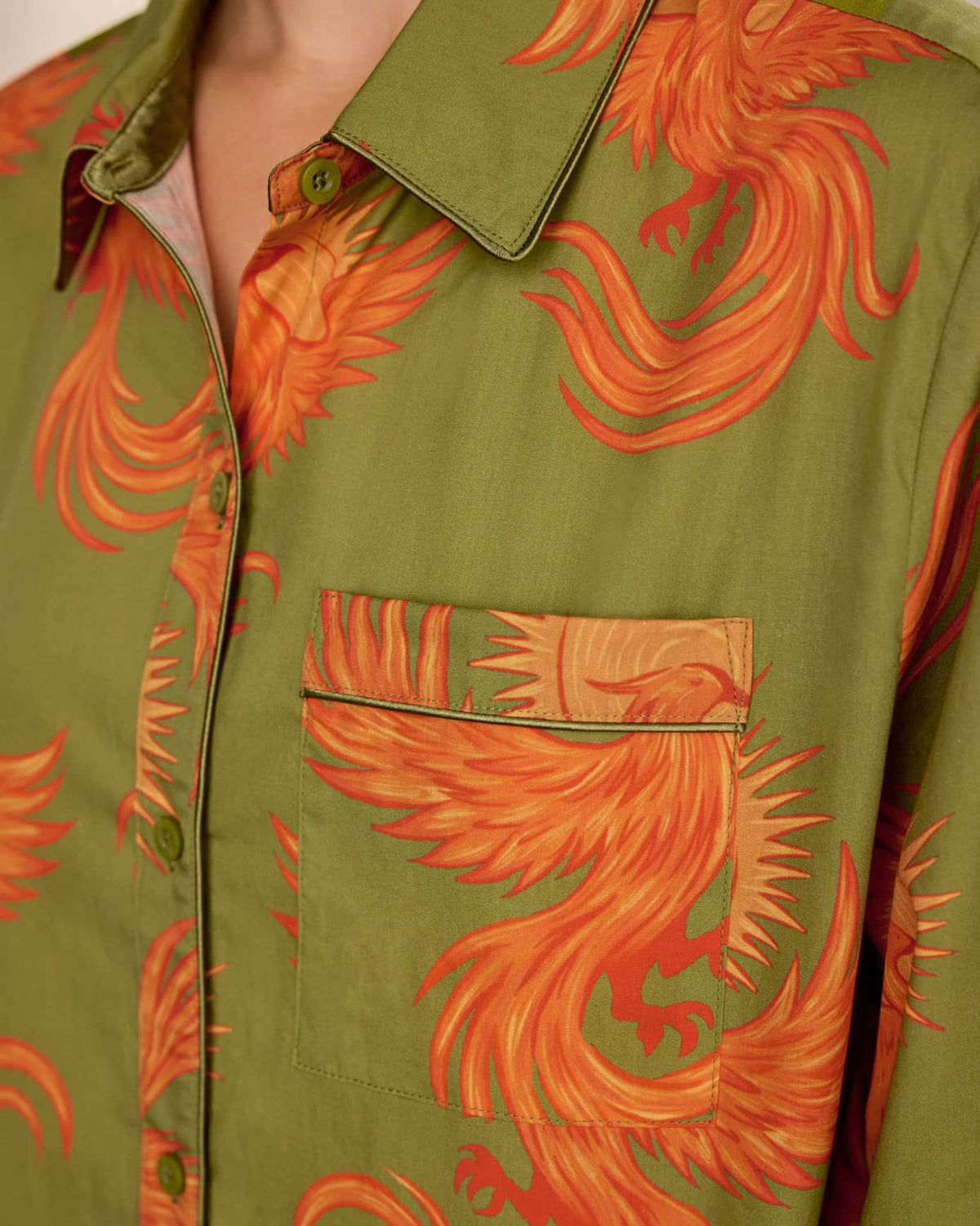 Organic Cotton Solar Phoenix Print Long Pyjama Set - Khaki