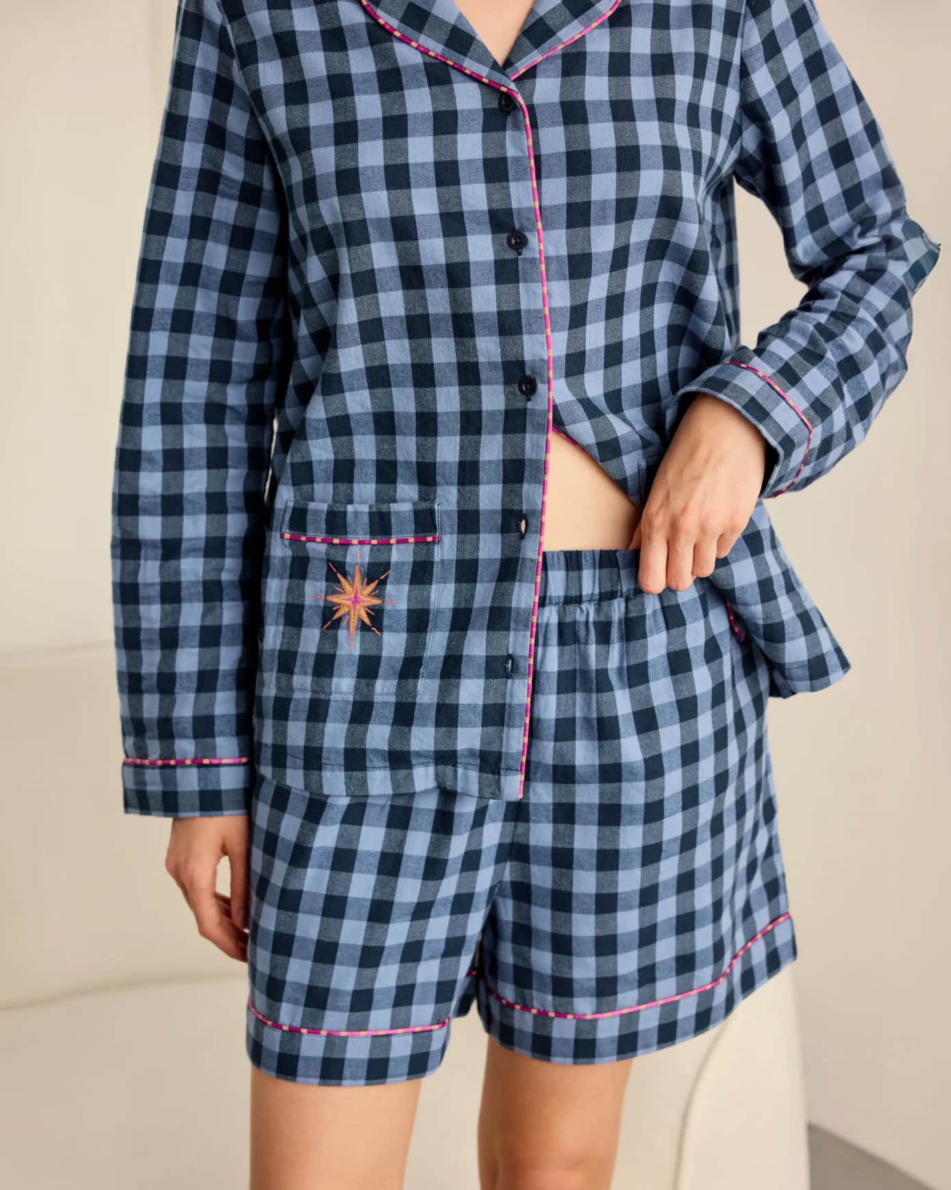 Organic Cotton Embroidered Gingham Under Your Spell Print Short Pyjama Set