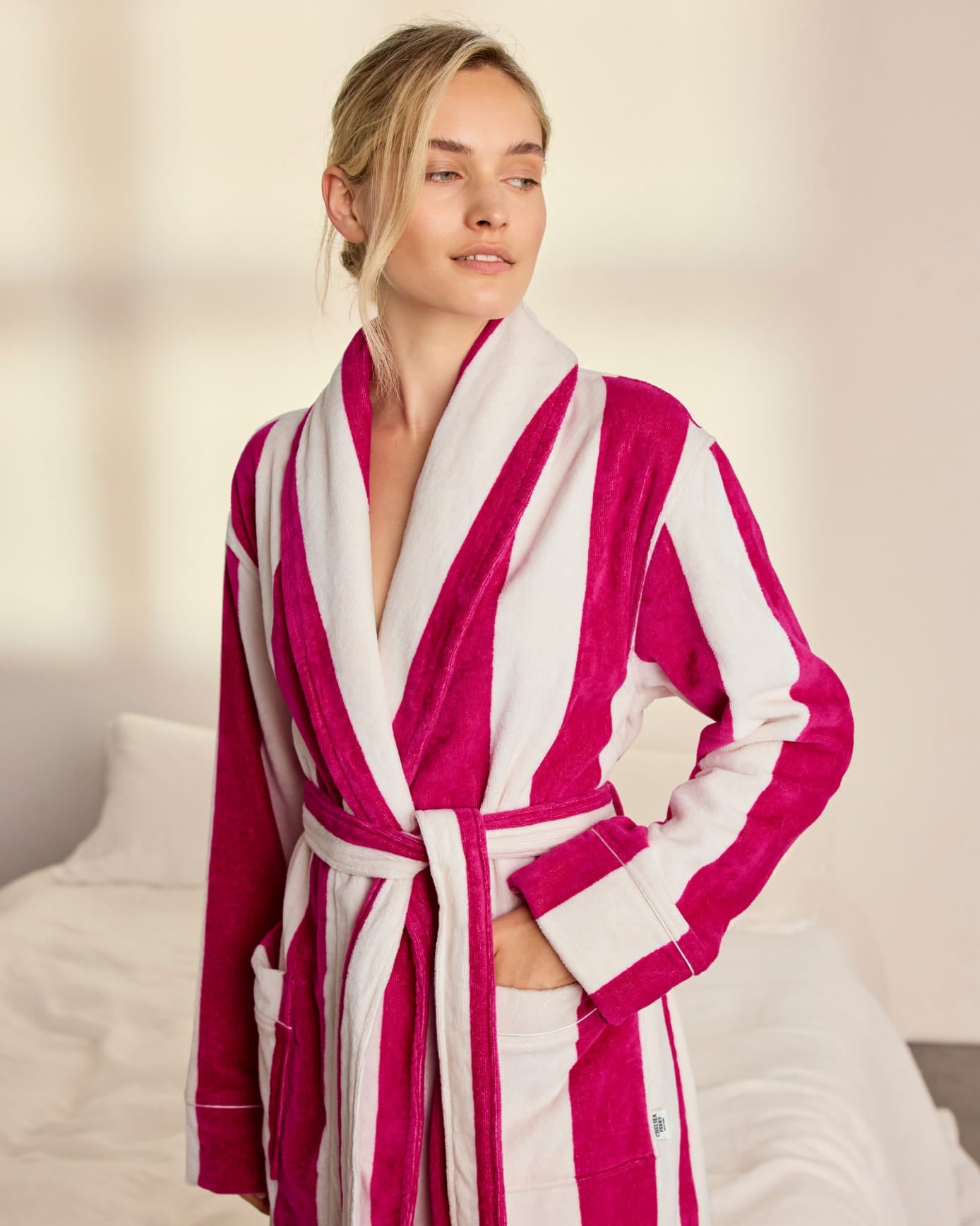 Cotton Towelling Stripe Long Dressing Gown - Bright Pink