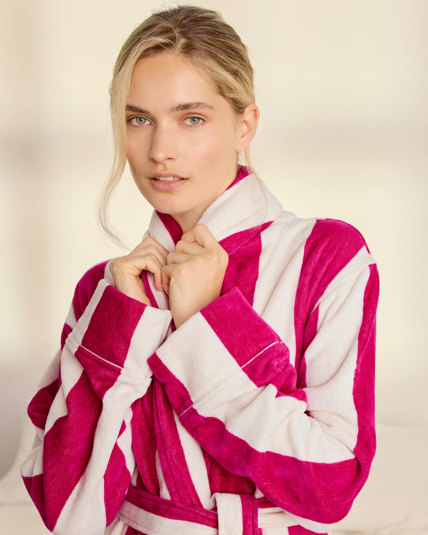 Cotton Towelling Stripe Long Dressing Gown - Bright Pink