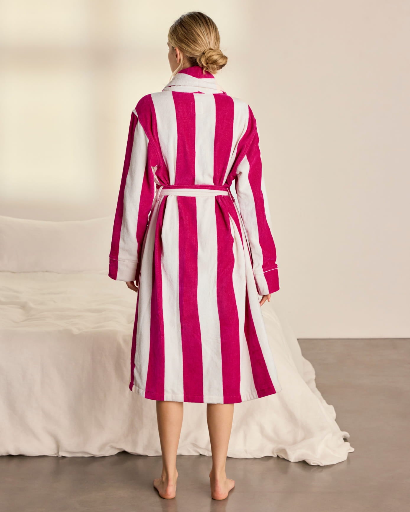 Cotton Towelling Stripe Long Dressing Gown - Bright Pink