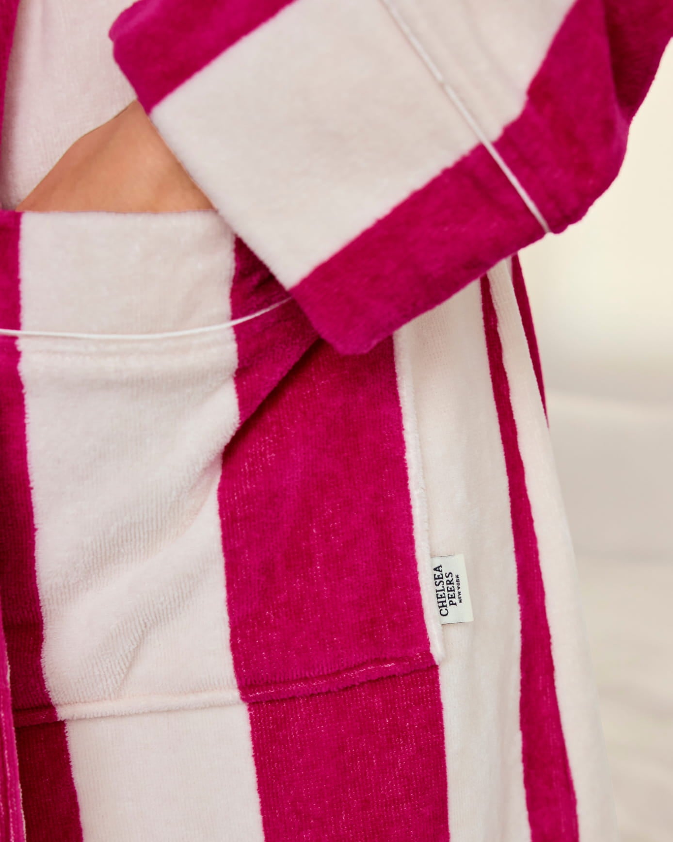Cotton Towelling Stripe Long Dressing Gown - Bright Pink