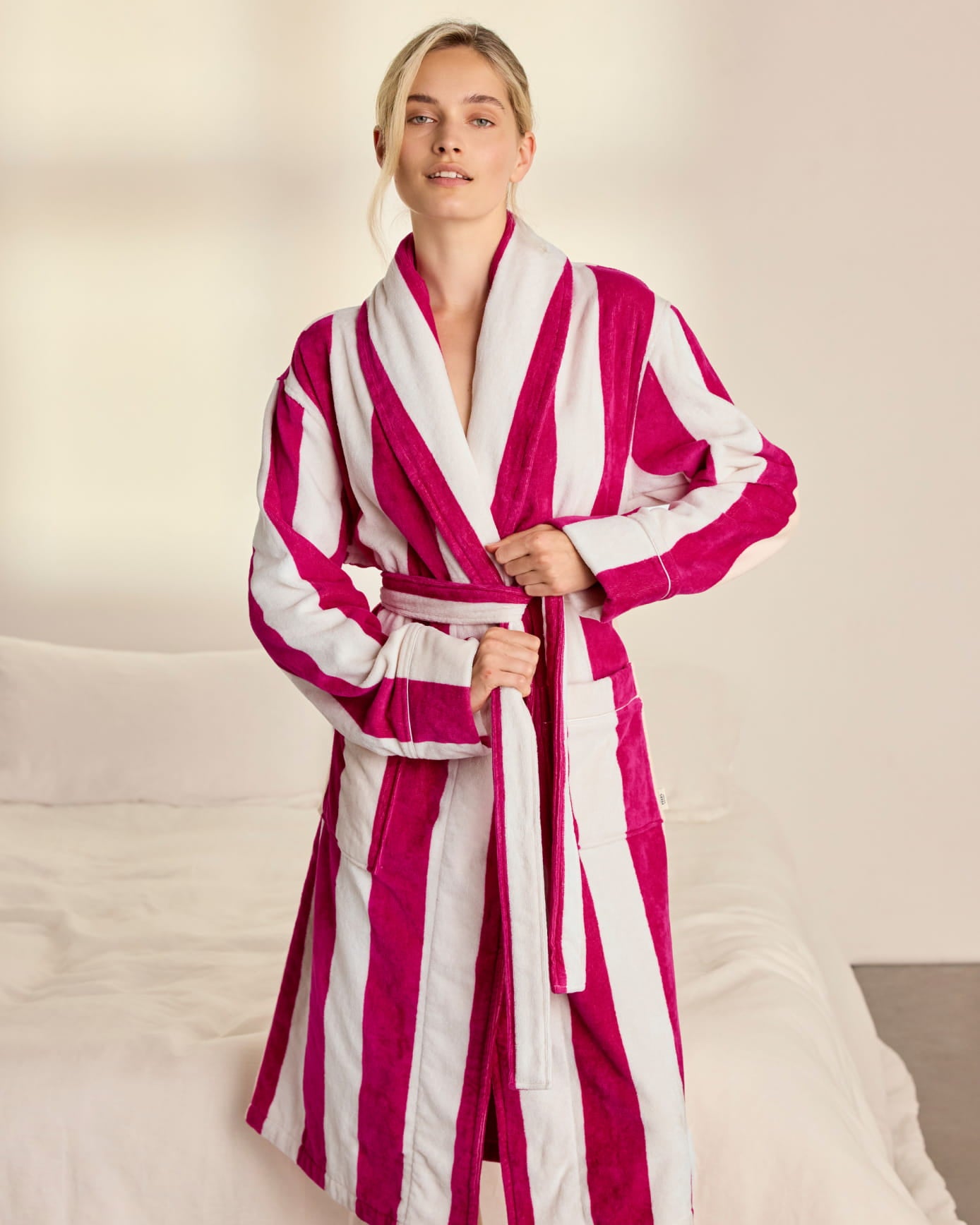 Cotton Towelling Stripe Long Dressing Gown - Bright Pink