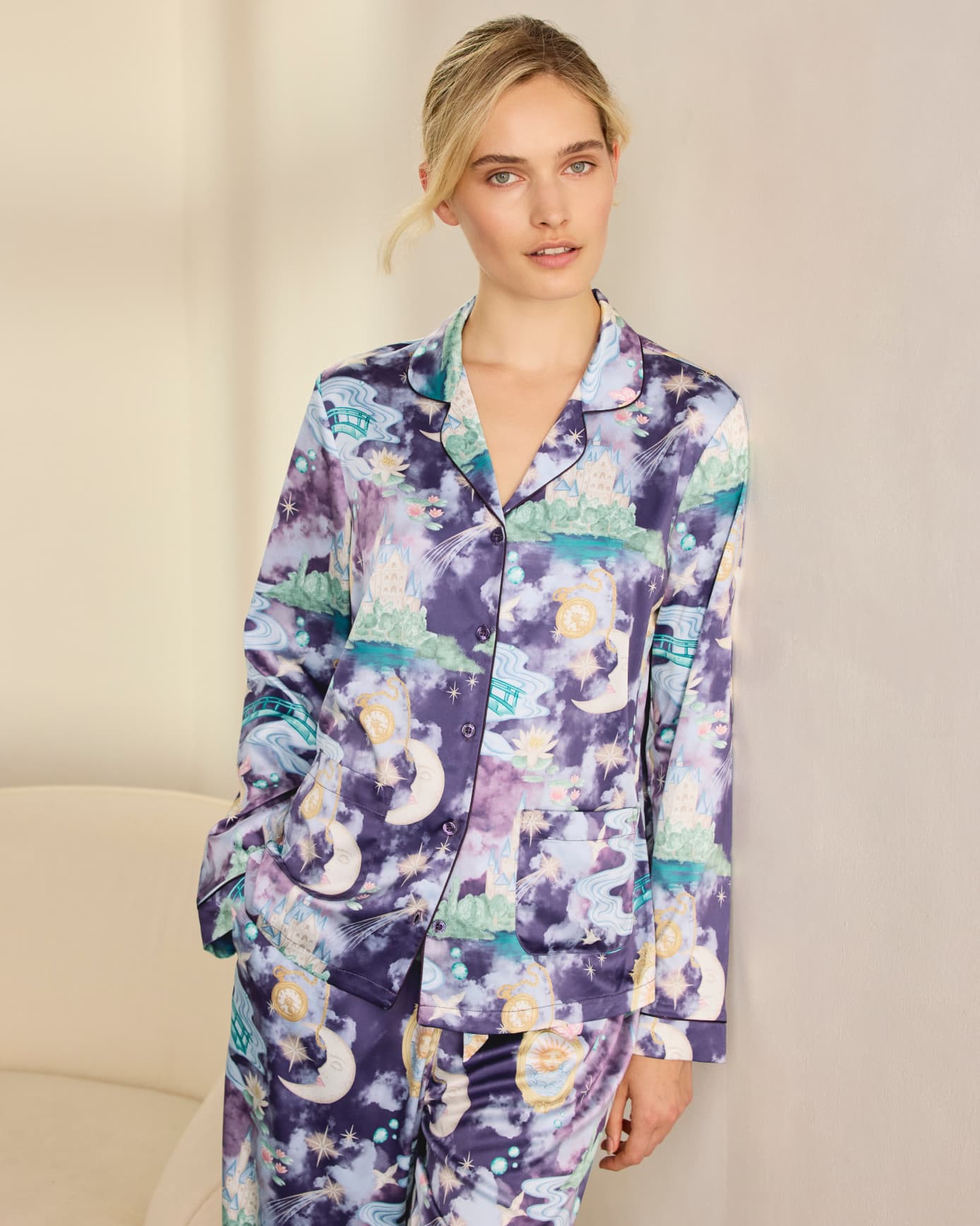 Satin Dreamscape Kingdom Print Long Pyjama Set