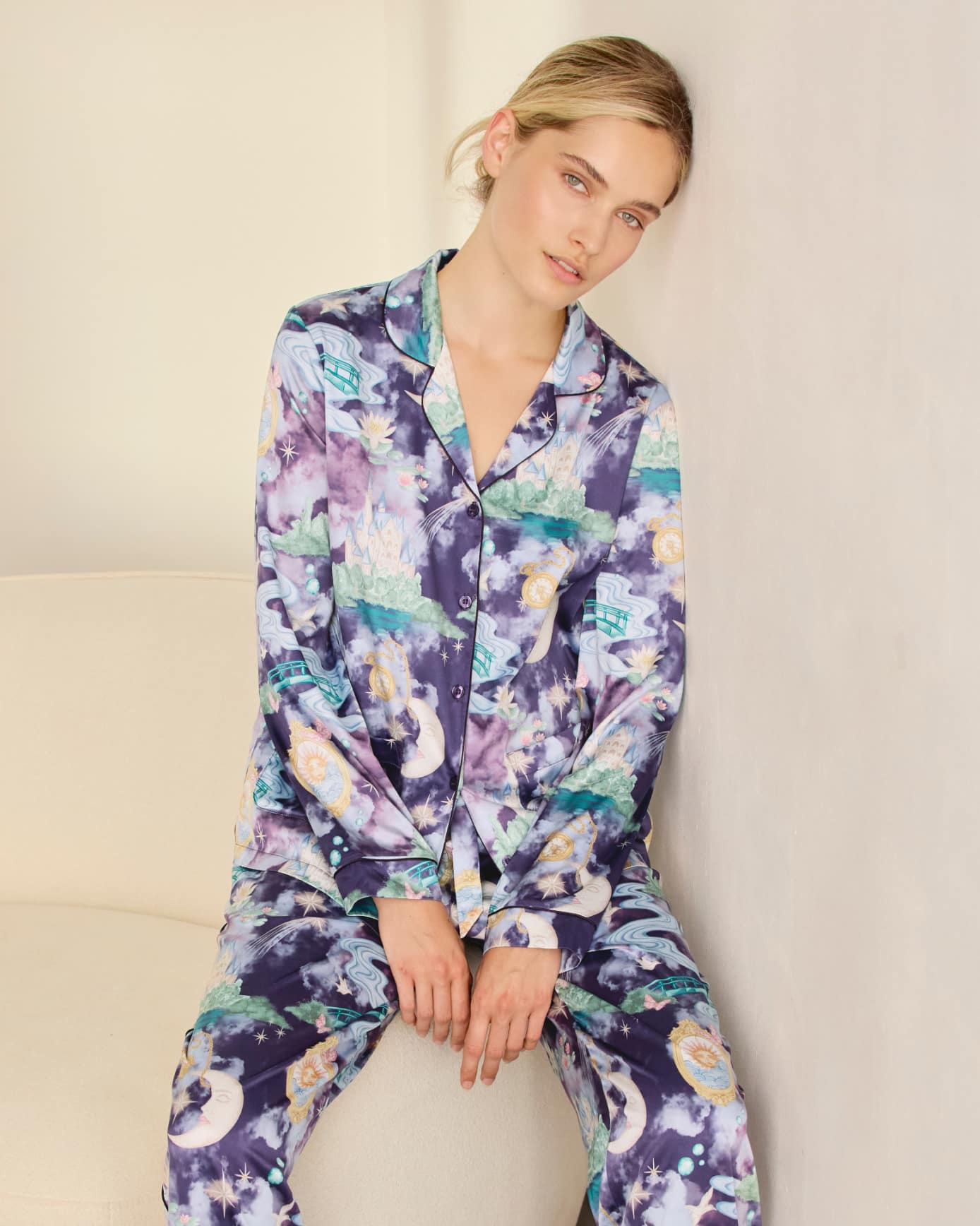 Satin Dreamscape Kingdom Print Long Pyjama Set