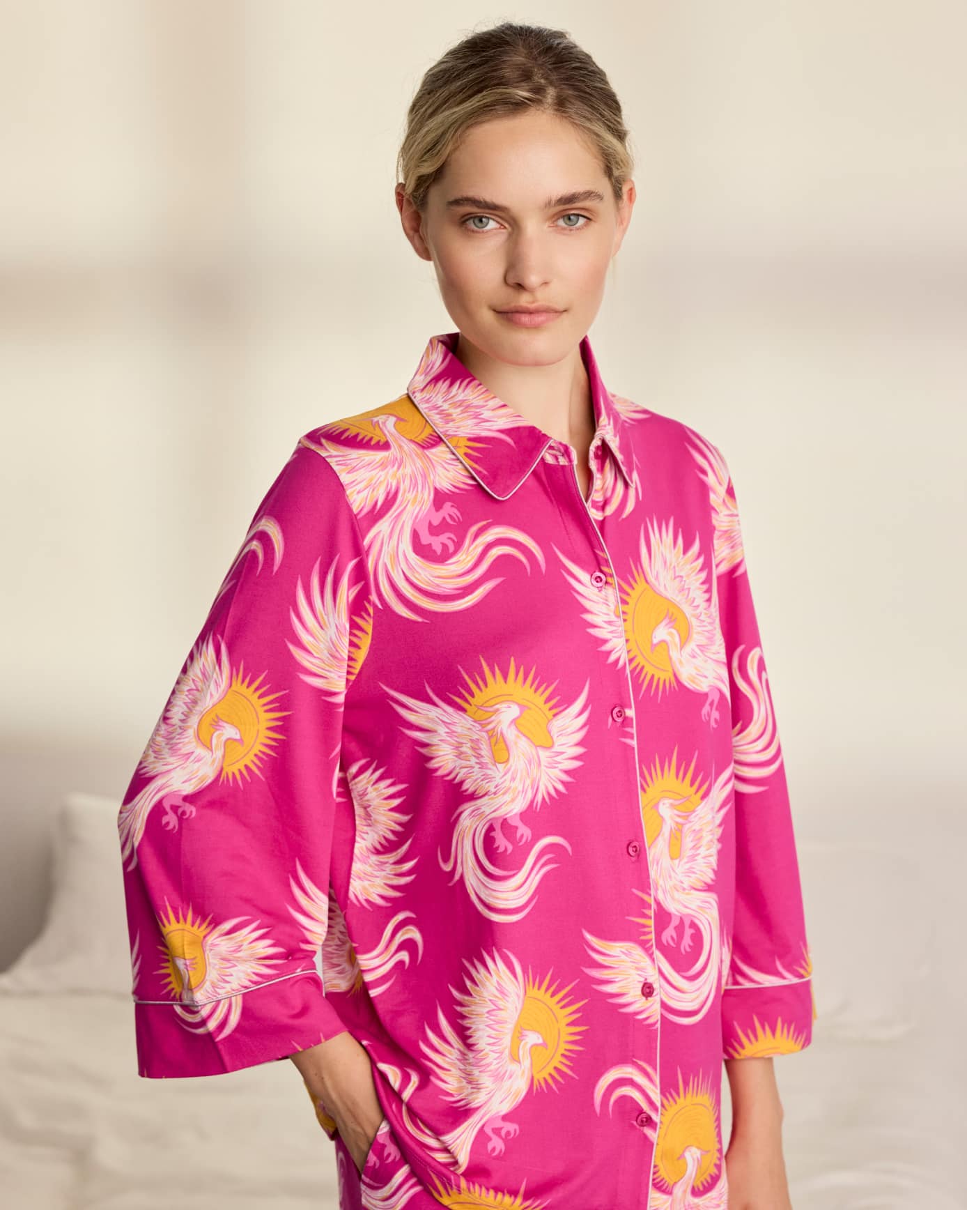 Solar Phoenix Print Button Up Long Pyjama Set - Pink