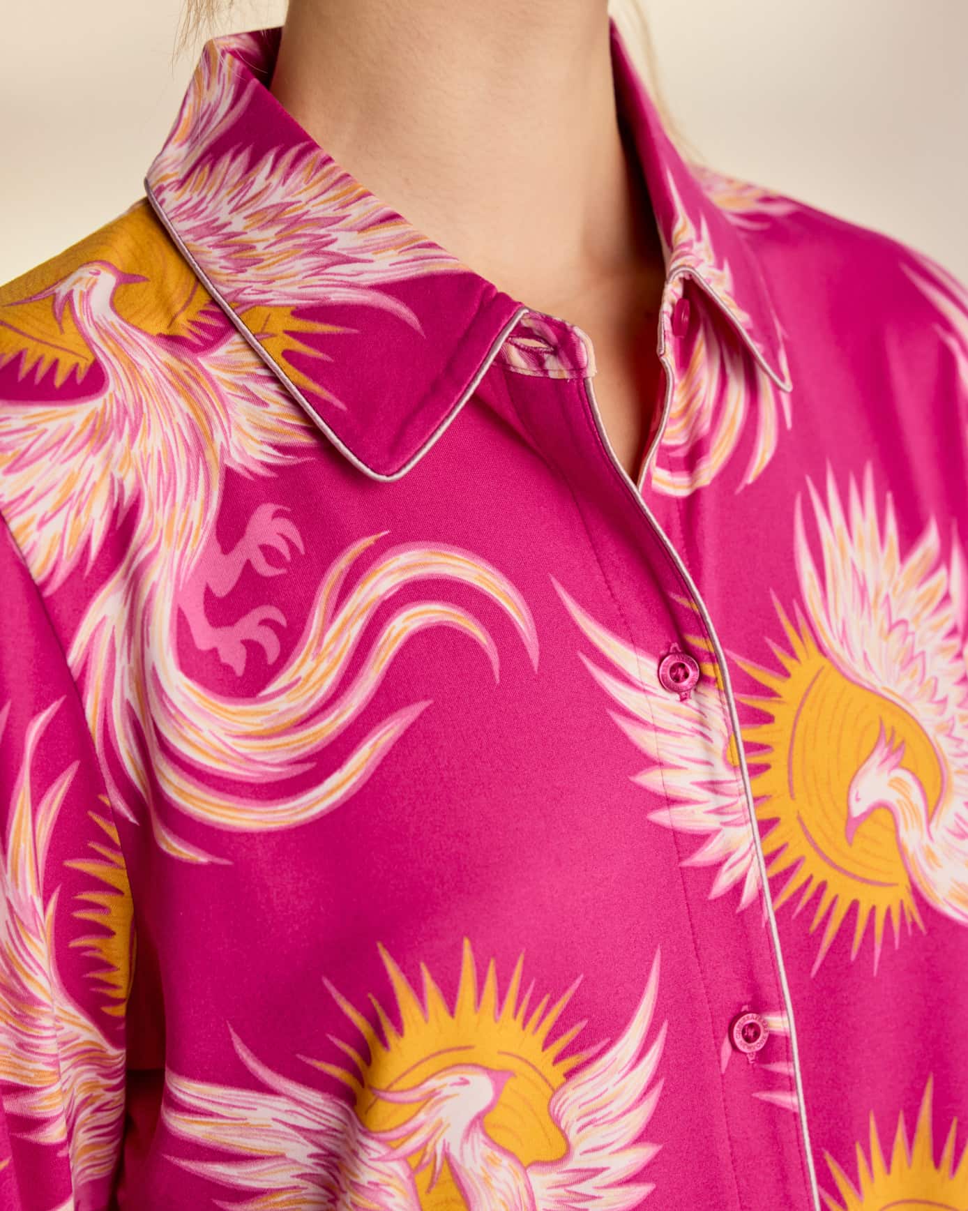 Solar Phoenix Print Button Up Long Pyjama Set - Pink