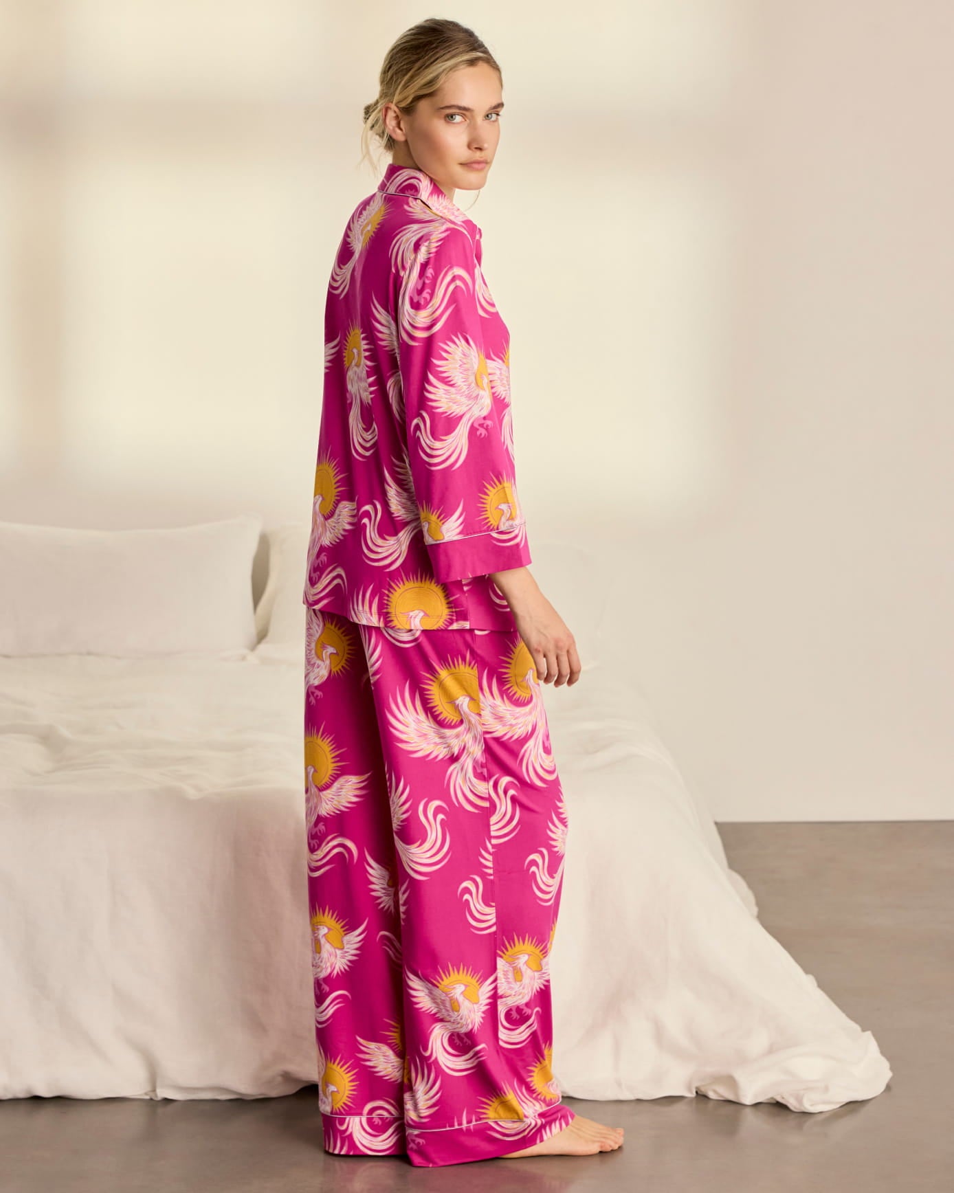 Solar Phoenix Print Button Up Long Pyjama Set - Pink