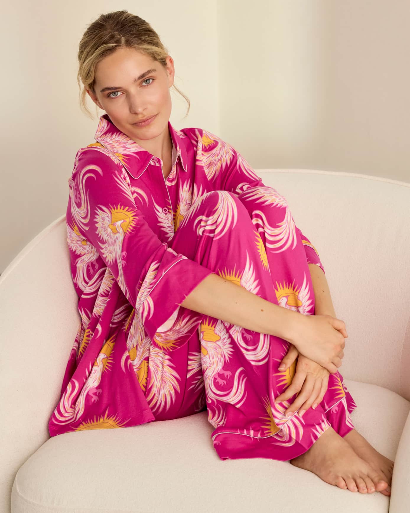 Solar Phoenix Print Button Up Long Pyjama Set - Pink