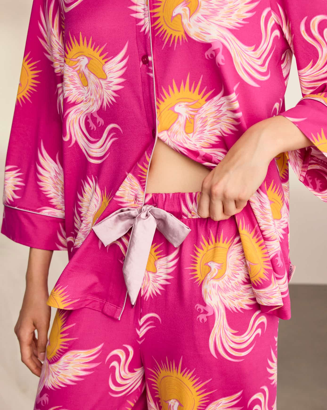 Solar Phoenix Print Button Up Long Pyjama Set - Pink