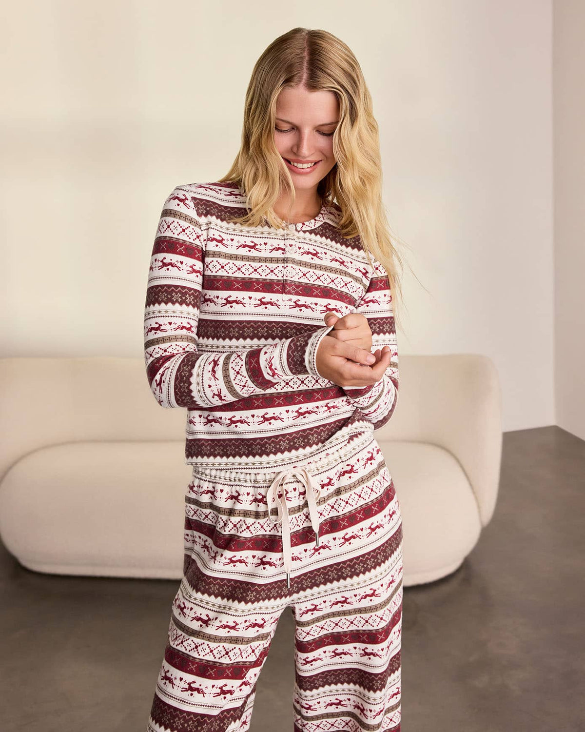 Nordic Hare Print Henley Lounge Top