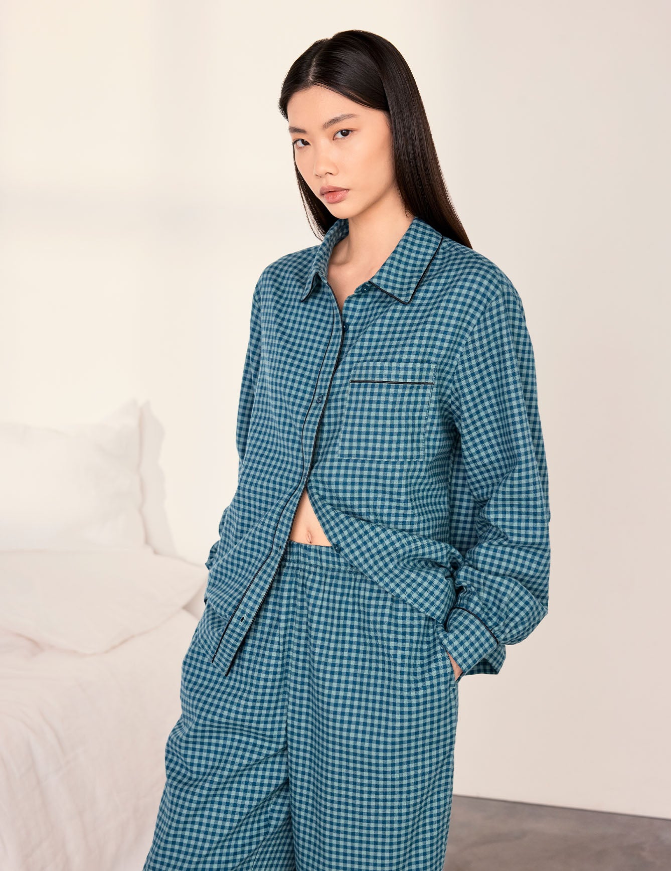 Organic Cotton Gingham Check Long Pyjama Set - Teal