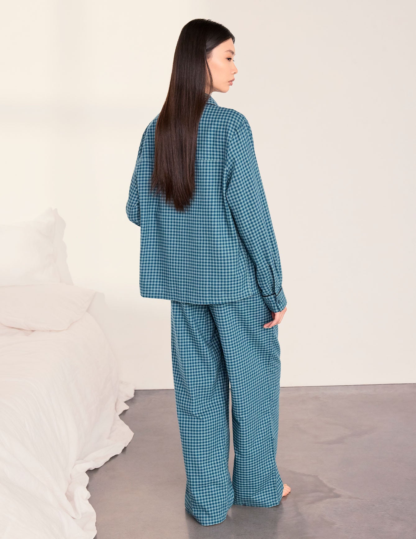 Organic Cotton Gingham Check Long Pyjama Set - Teal