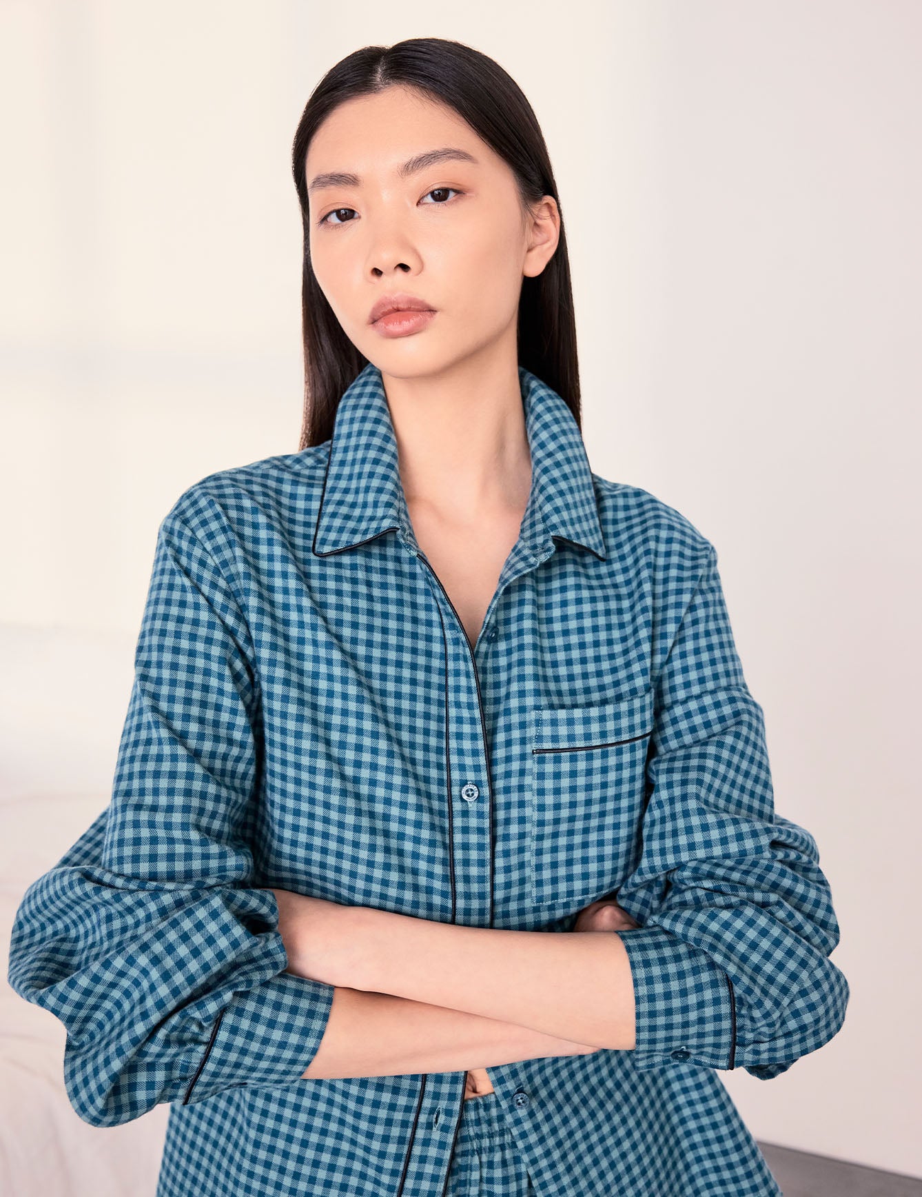 Organic Cotton Gingham Check Long Pyjama Set - Teal