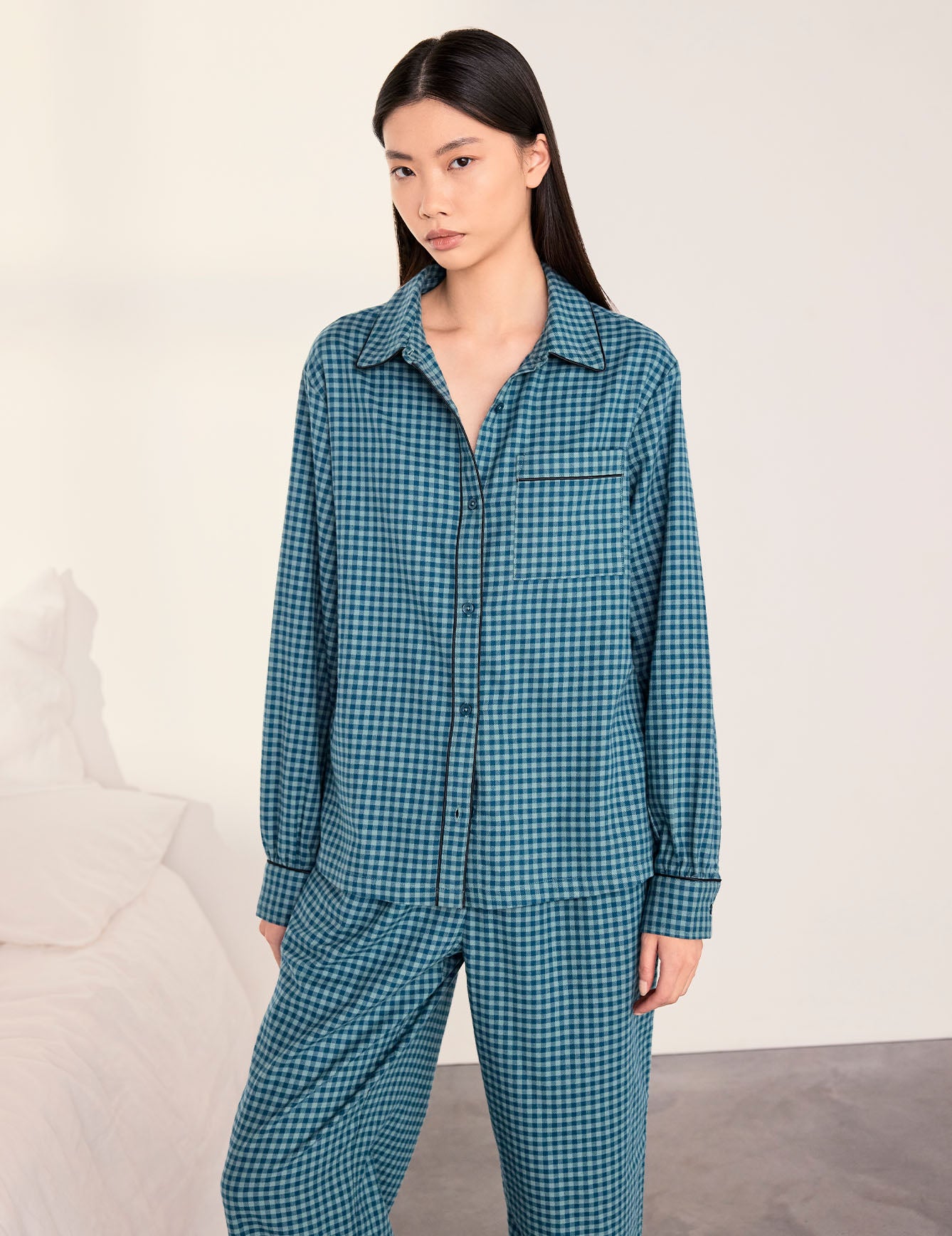 Organic Cotton Gingham Check Long Pyjama Set - Teal