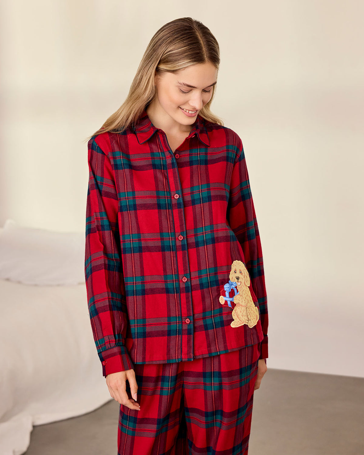 Organic Cotton Embroidered Chip The Cockapoo Tartan Long Pyjama Set