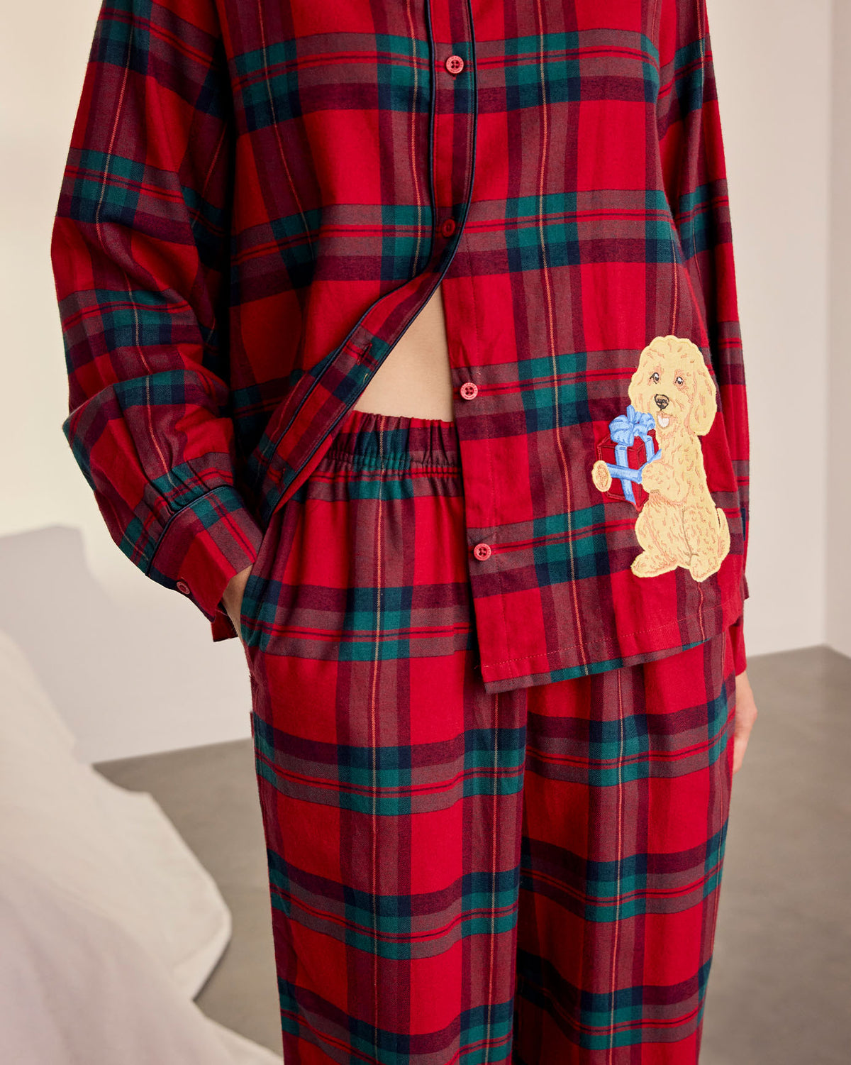 Organic Cotton Embroidered Chip The Cockapoo Tartan Long Pyjama Set