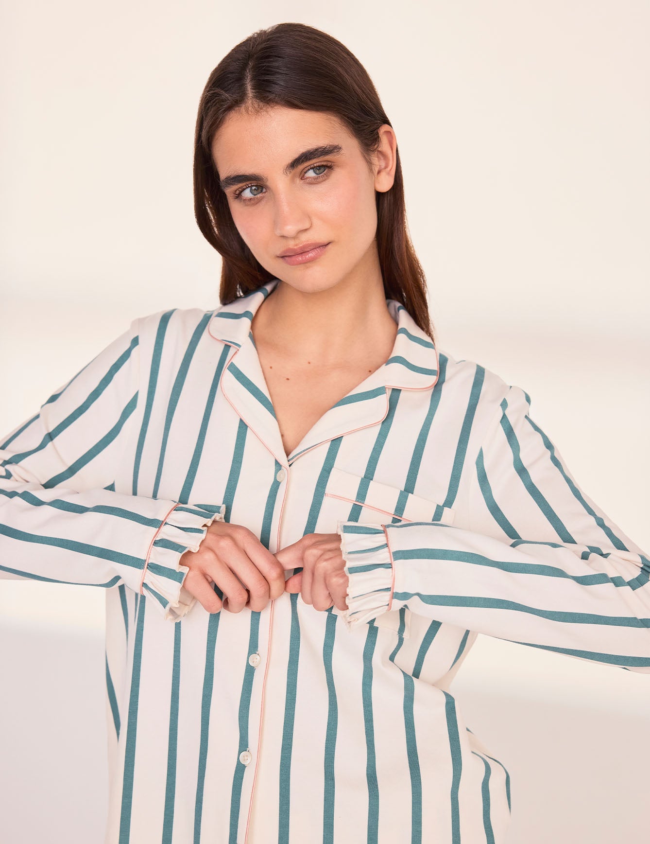 Tall Organic Cotton Stripe Frill Long Pyjama Set - Green