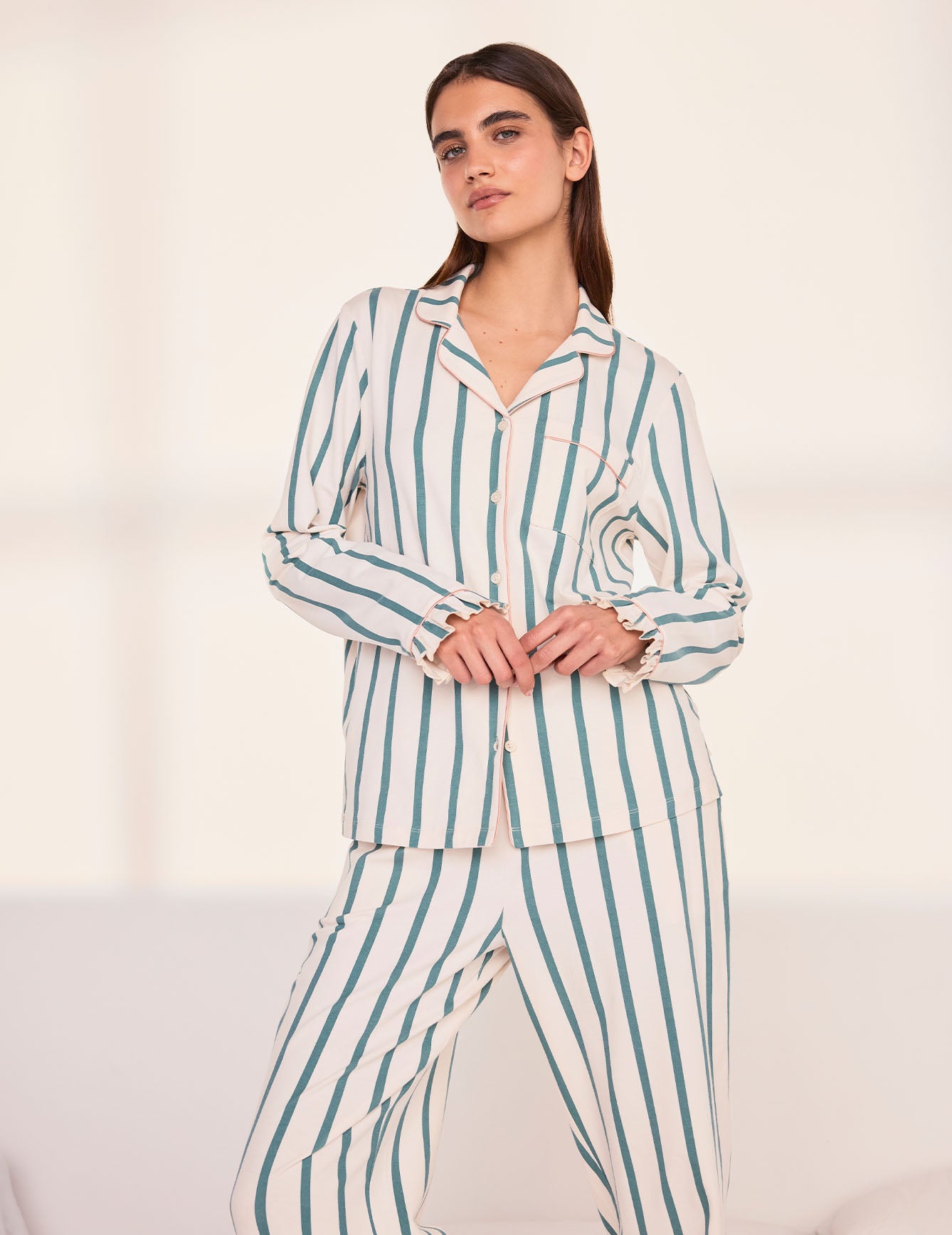 Tall Organic Cotton Stripe Frill Long Pyjama Set - Green