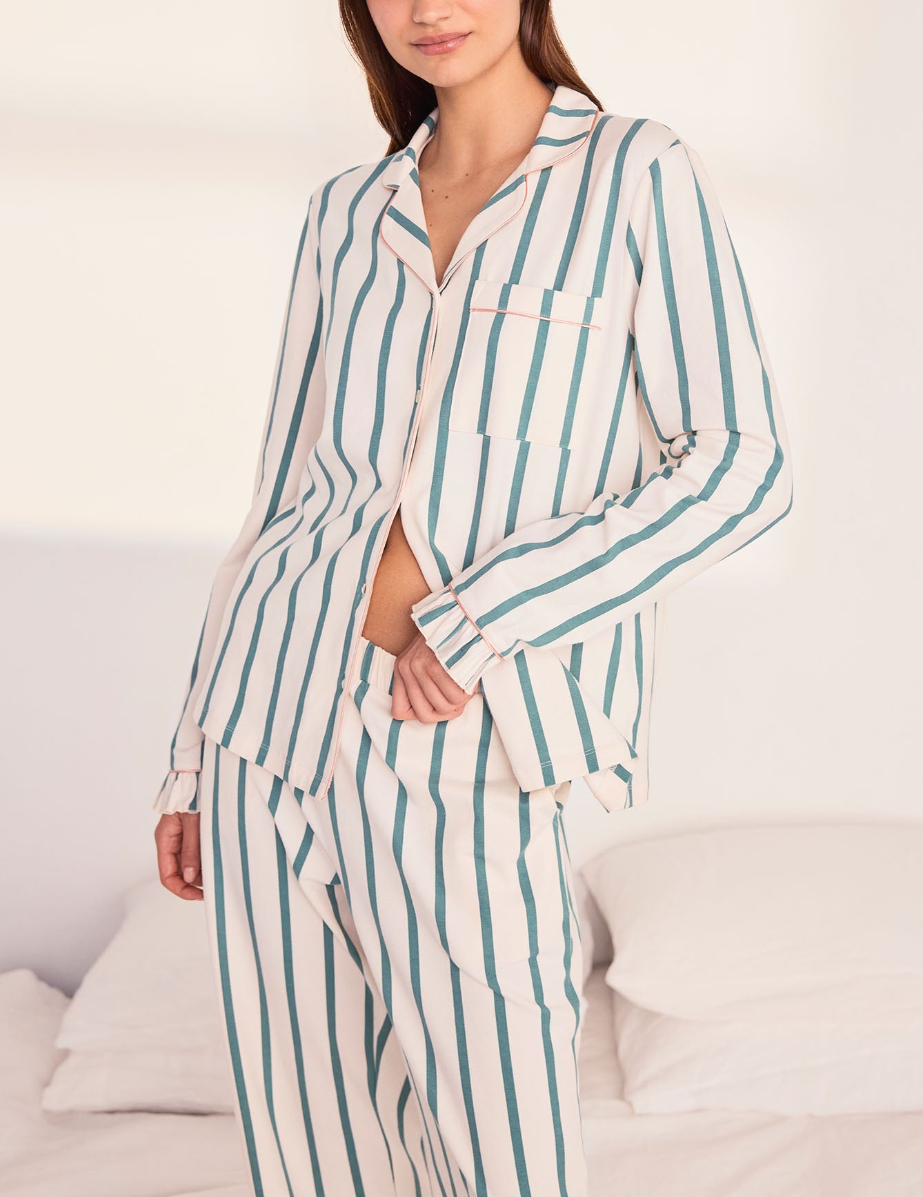 Tall Organic Cotton Stripe Frill Long Pyjama Set - Green