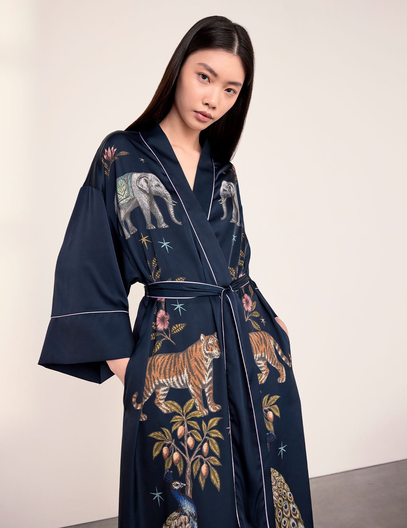 Satin Moonlight Safari Print Kimono Dressing Gown