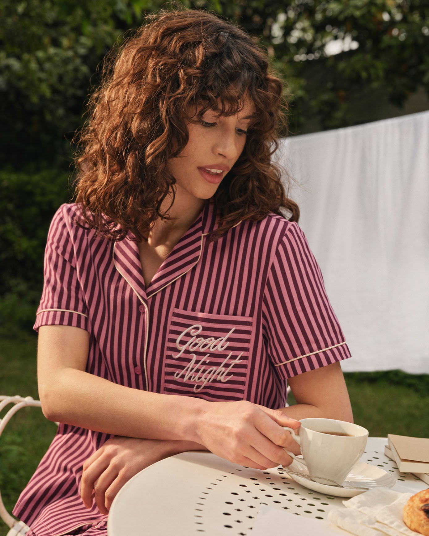 Organic Cotton Embroidered Good Night Stripe Long Pyjama Set
