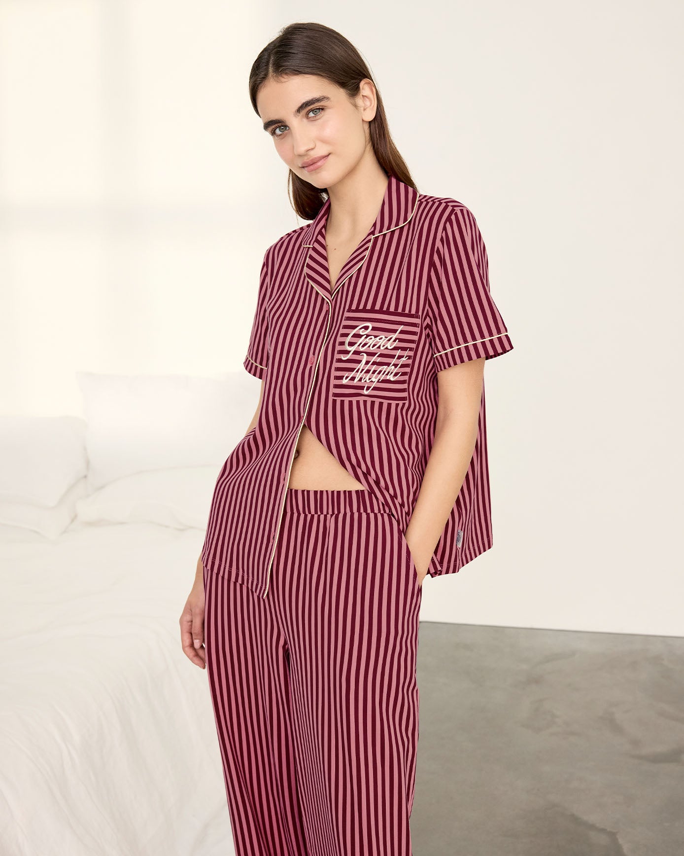 Organic Cotton Embroidered Good Night Stripe Long Pyjama Set