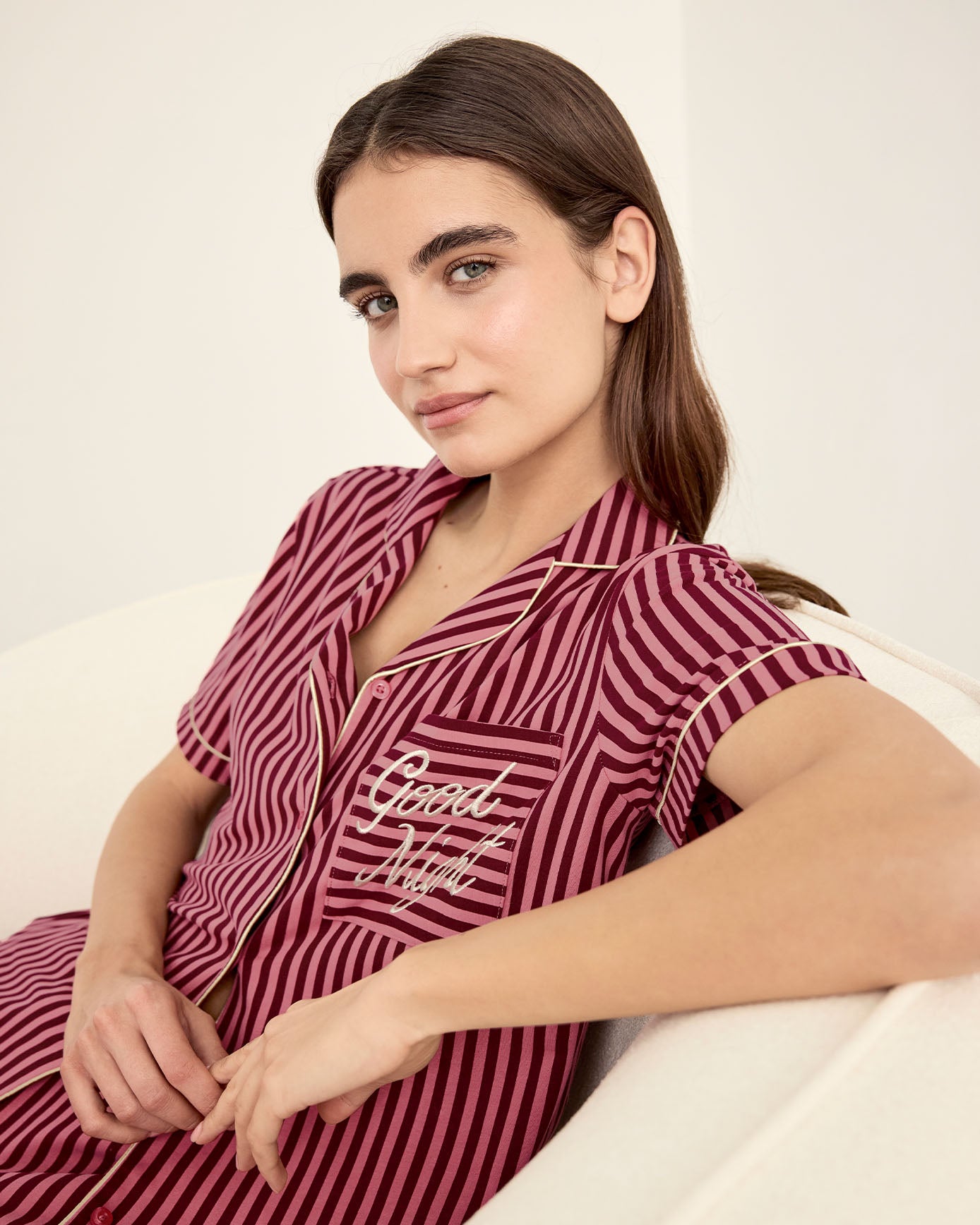 Organic Cotton Embroidered Good Night Stripe Long Pyjama Set