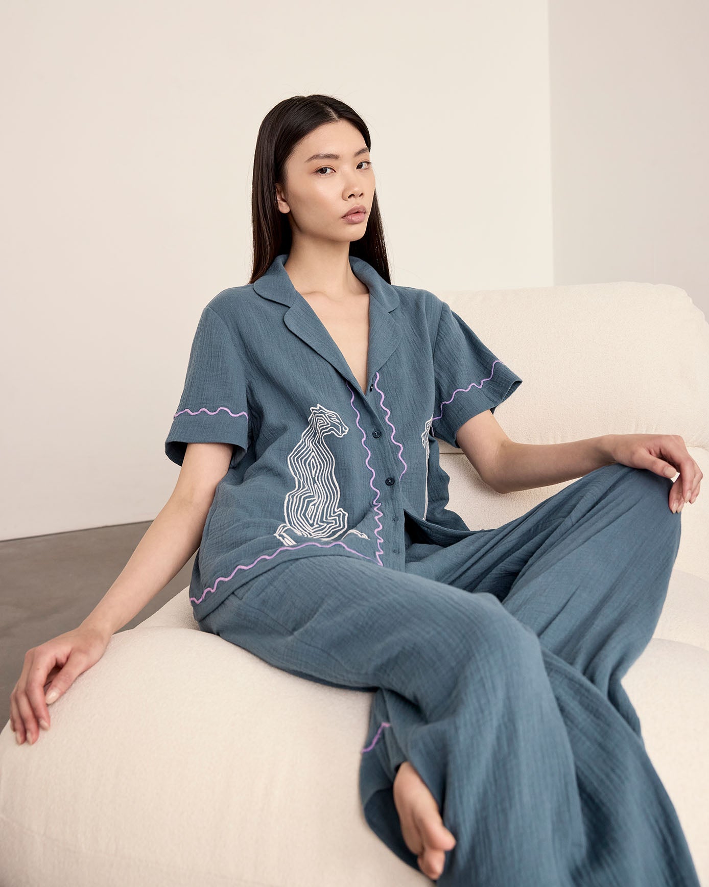 Organic Cotton Embroidered Leopard Long Pyjama Set