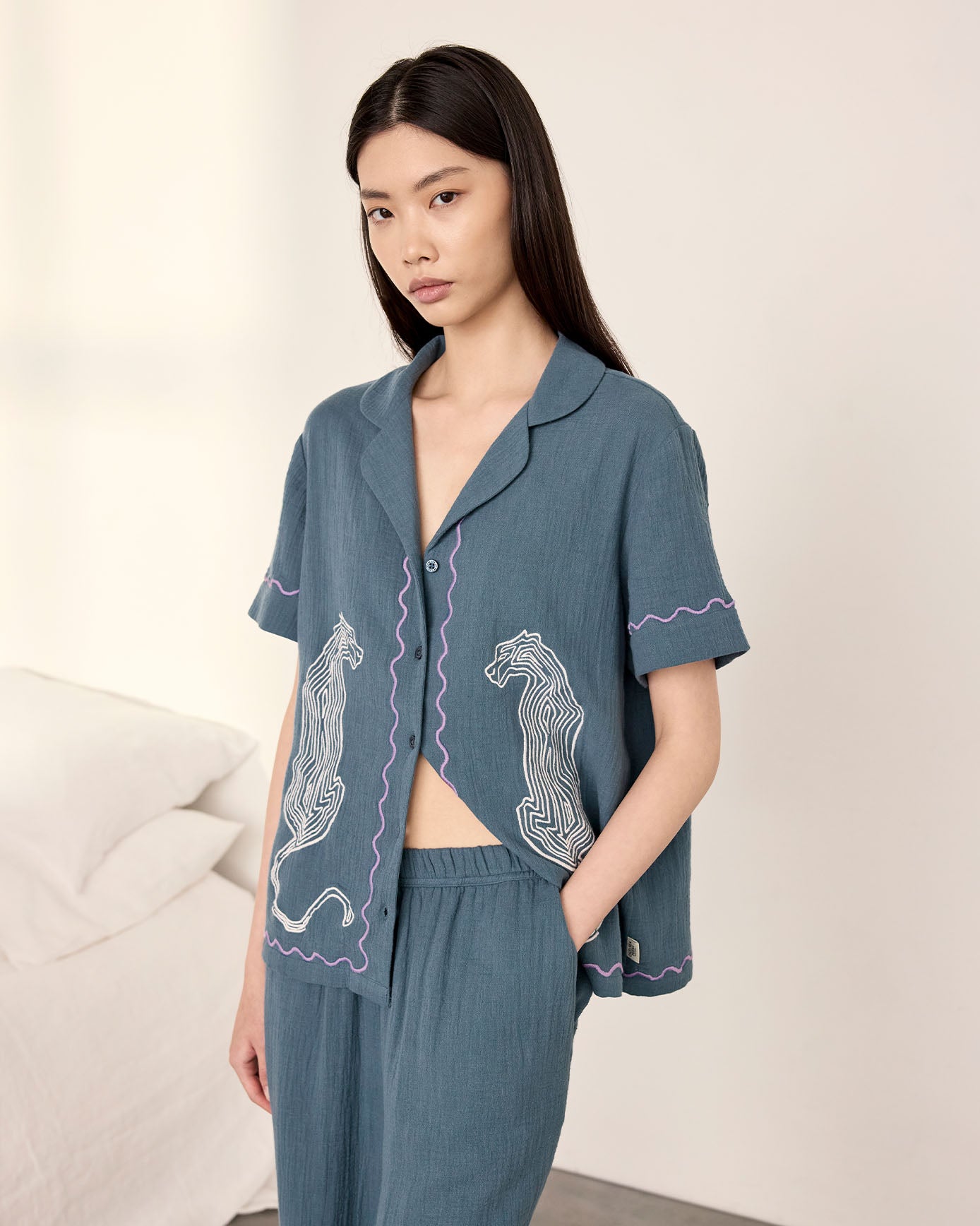 Organic Cotton Embroidered Leopard Long Pyjama Set