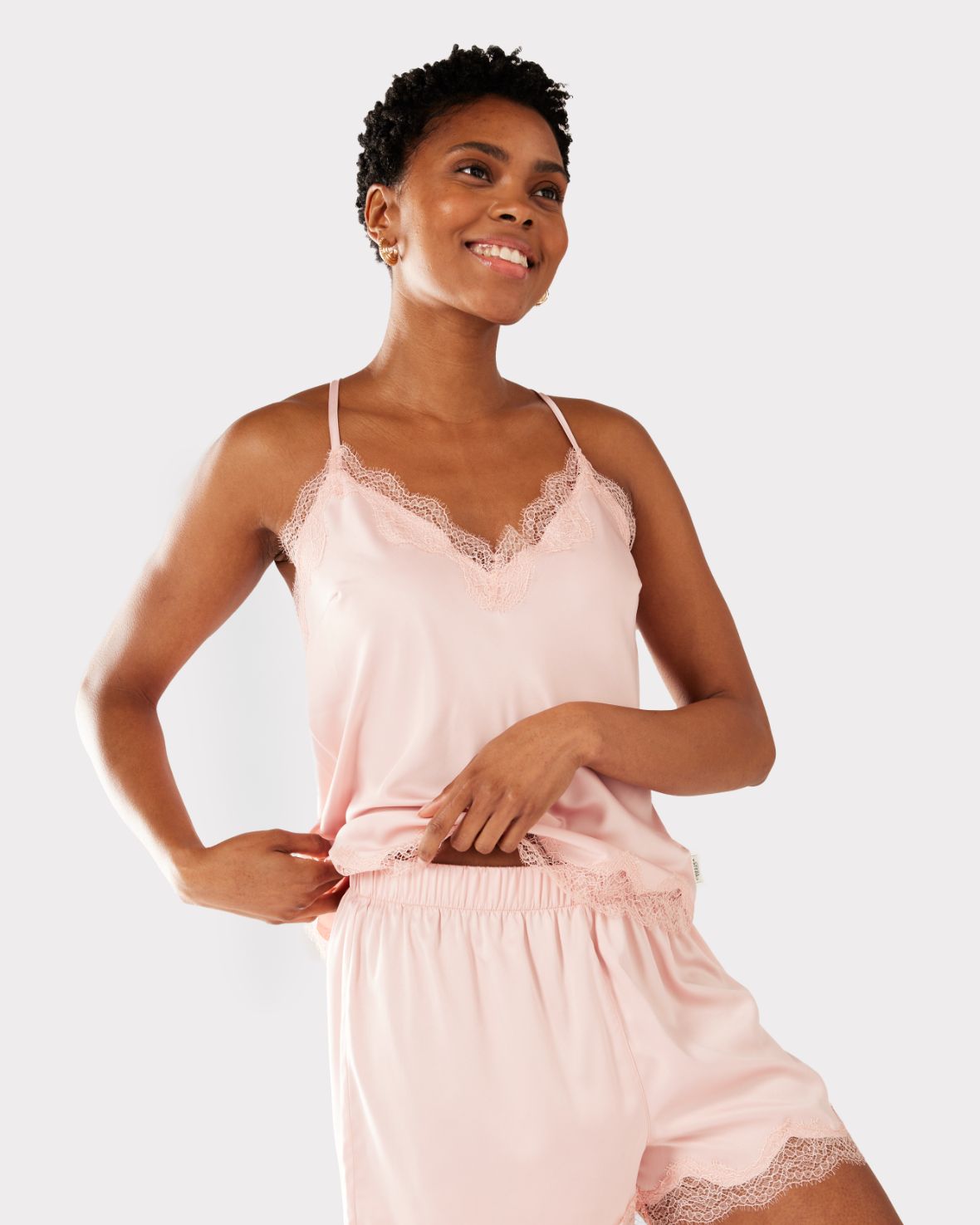 Satin Lace Trim Cami Short Pyjama Set - Blush