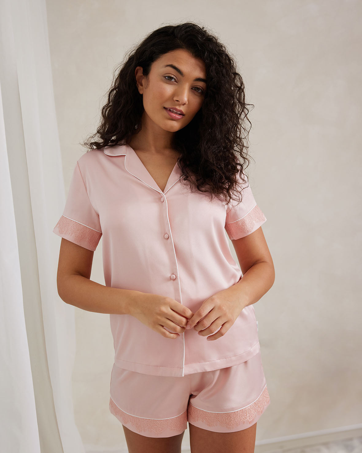 Satin Lace Trim Short Pyjama Set Blush