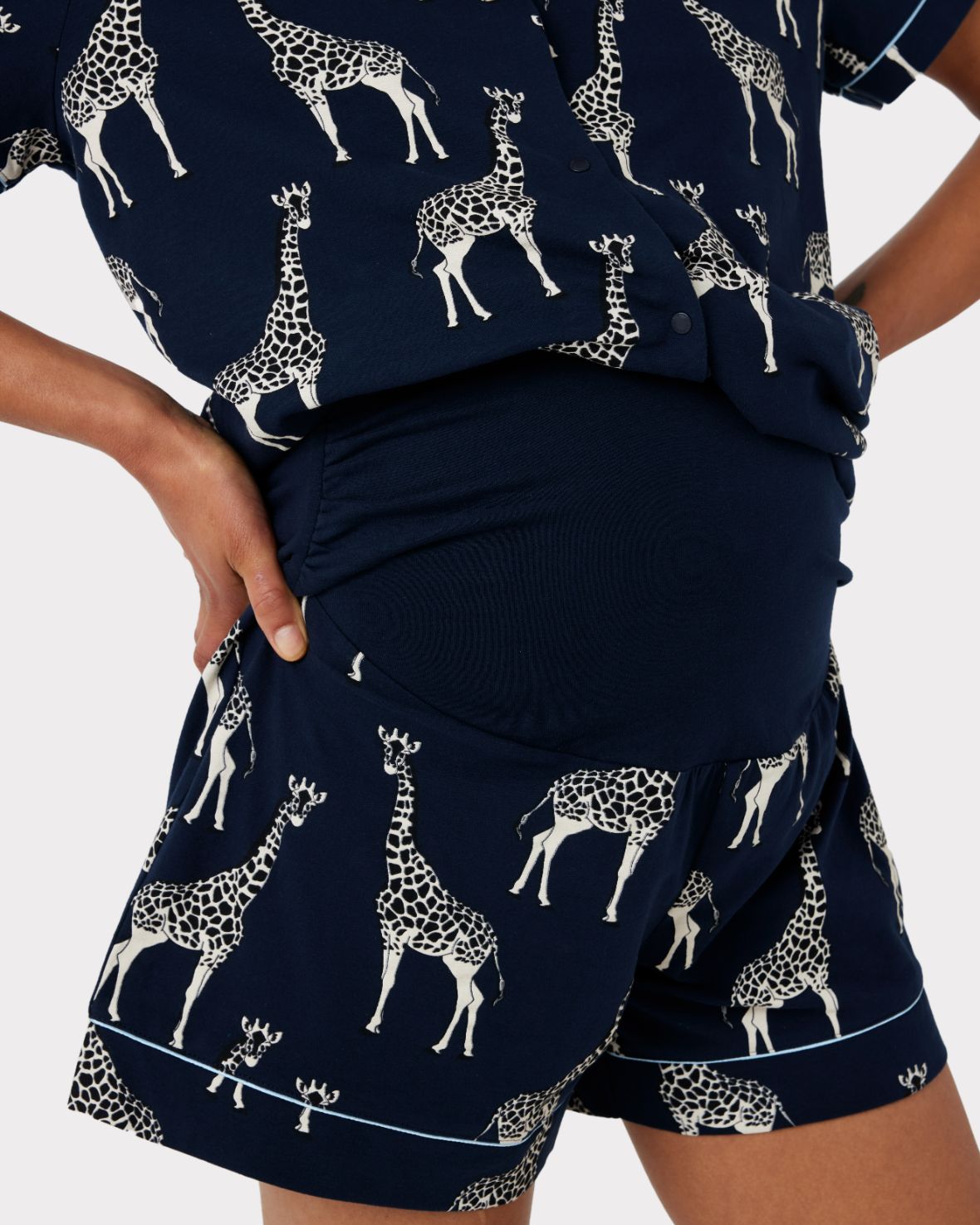 Maternity Navy Giraffe Print Organic Cotton Short Pyjama Set