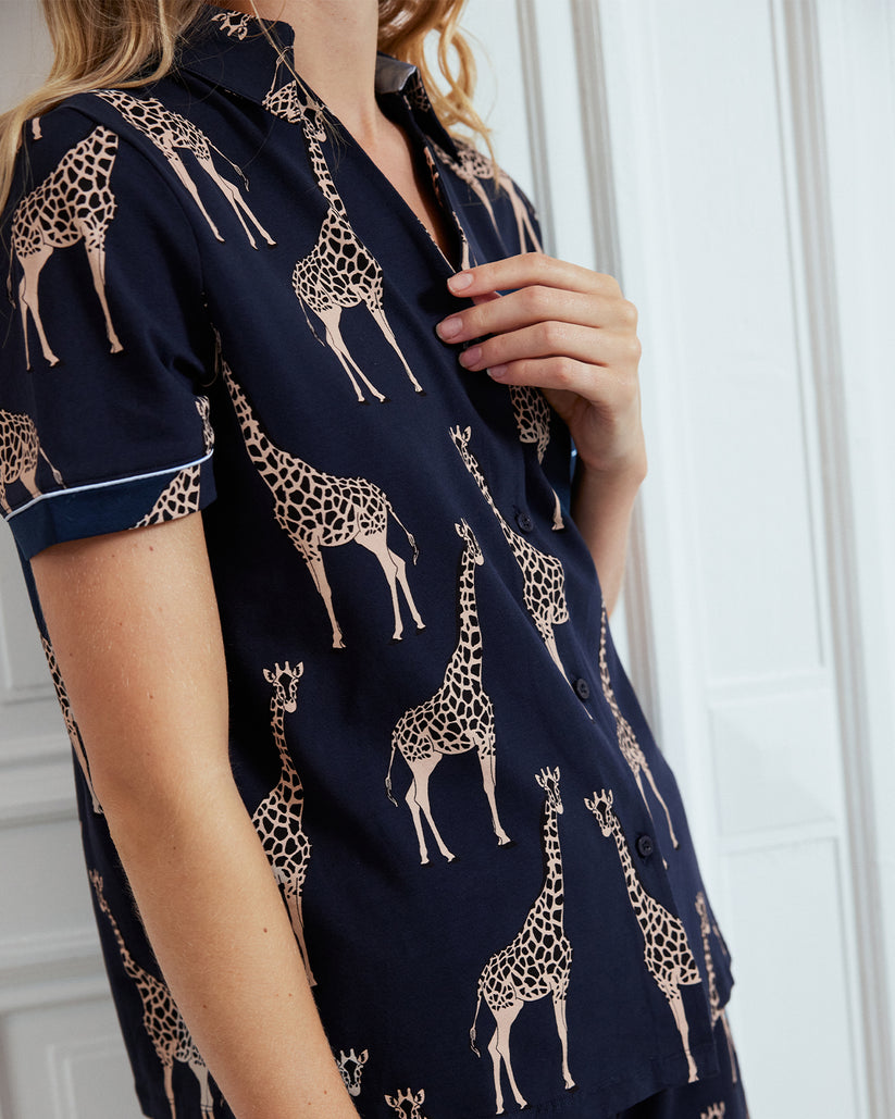 Organic Cotton Giraffe Print Short Pyjama Set - Navy – Chelsea Peers