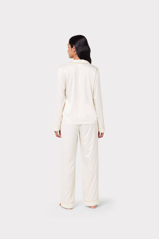 Satin Lace Trim Long Pyjama Set - Ivory