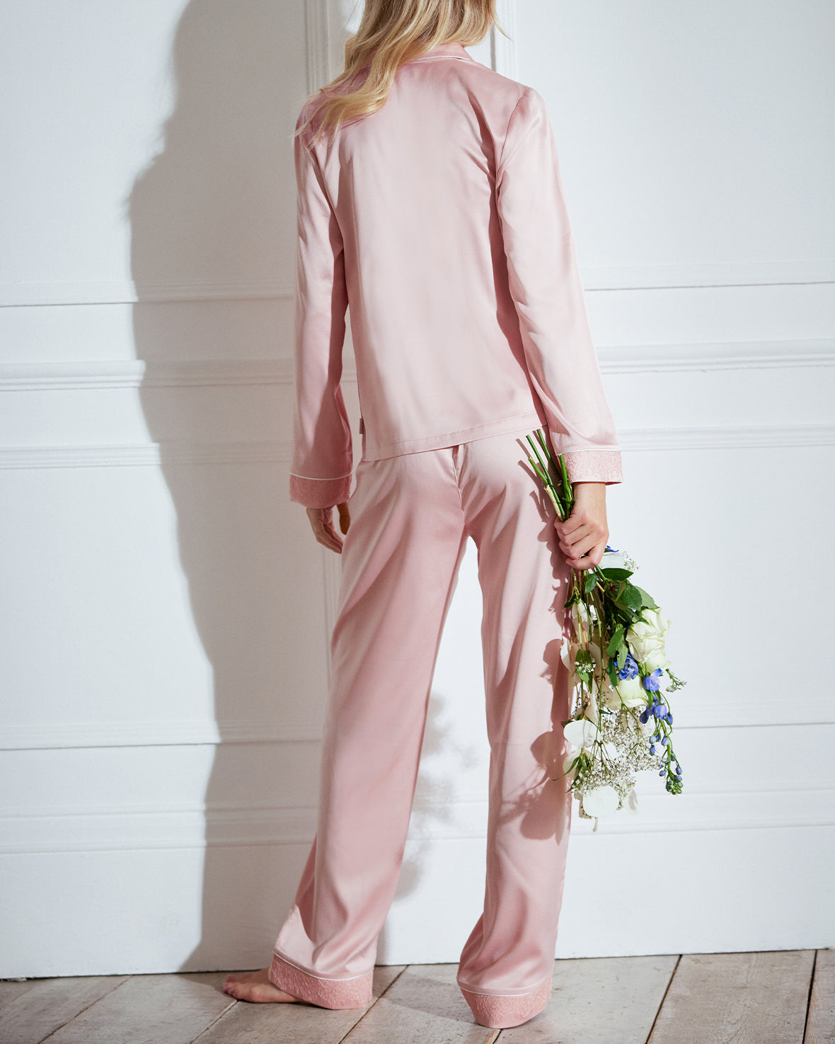 Satin Lace Trim Long Pyjama Set - Blush