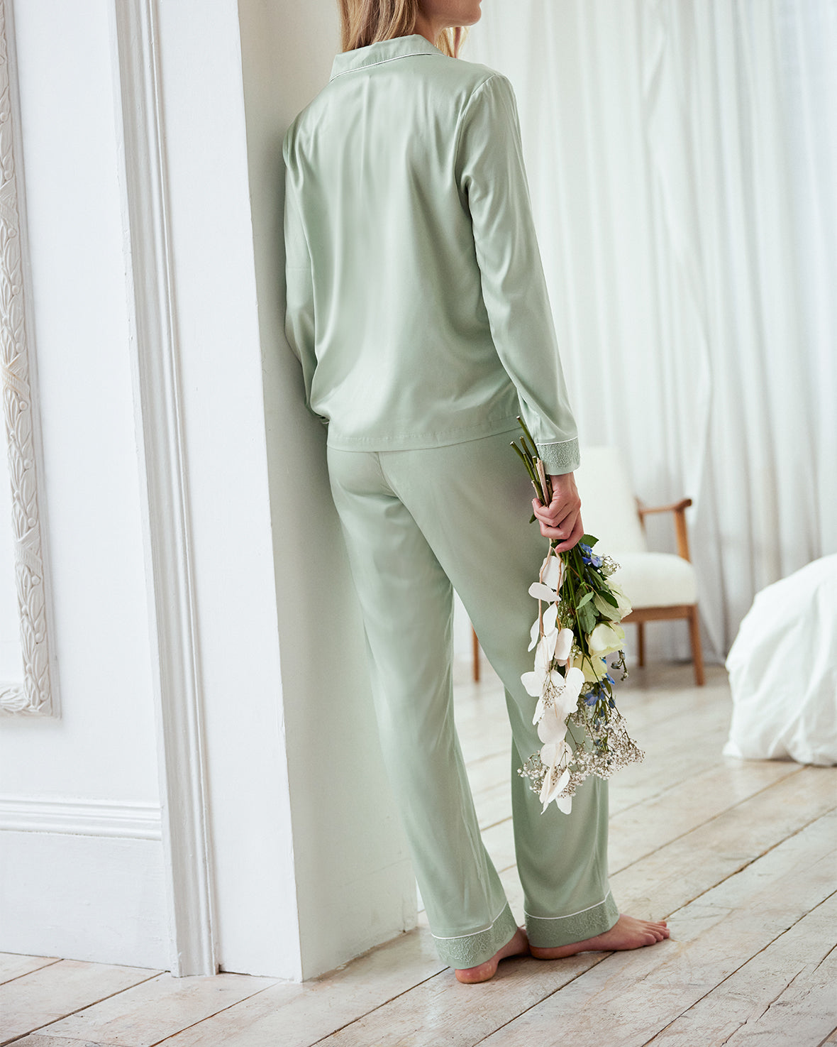 Satin Lace Trim Long Pyjama Set - Sage