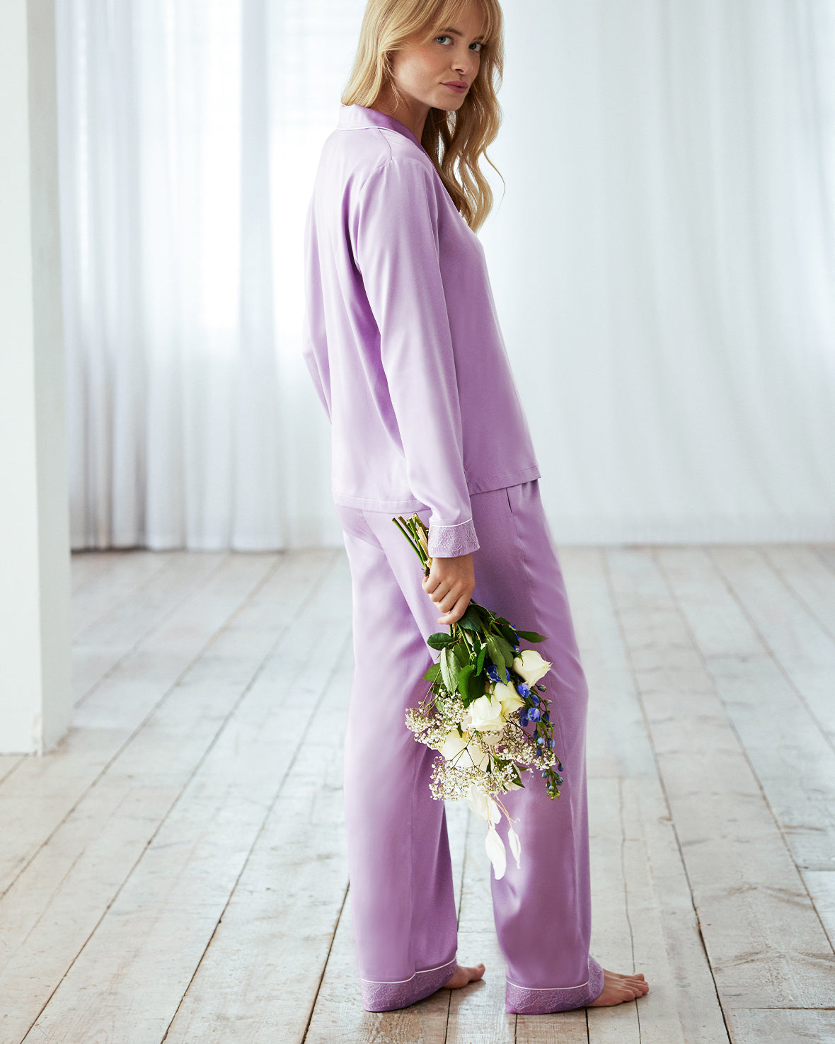 Satin Lace Trim Long Pyjama Set - Lavender