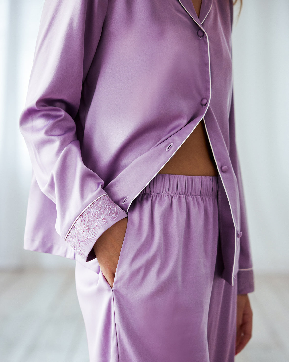 Satin Lace Trim Long Pyjama Set - Lavender