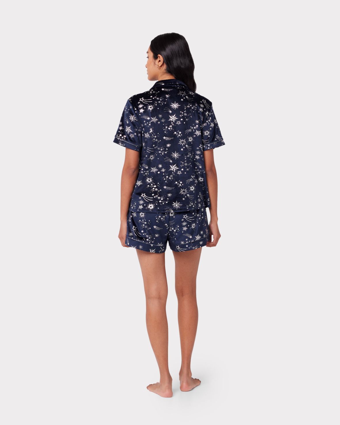 Velour Navy & Silver Foil Star Print Short Pyjama Set