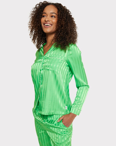 Satin Jacquard Stripe Long Pyjama Set - Green
