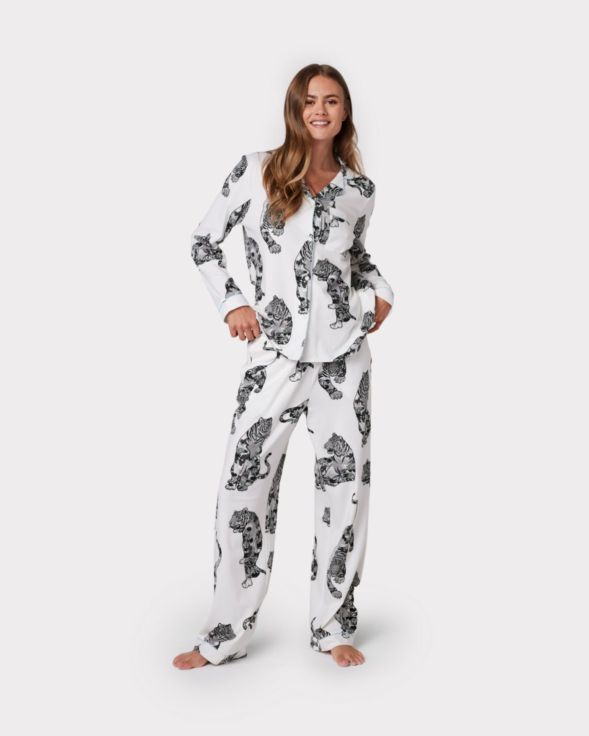 Organic Cotton Lotus Tiger Print Long Pyjama Set - Cream