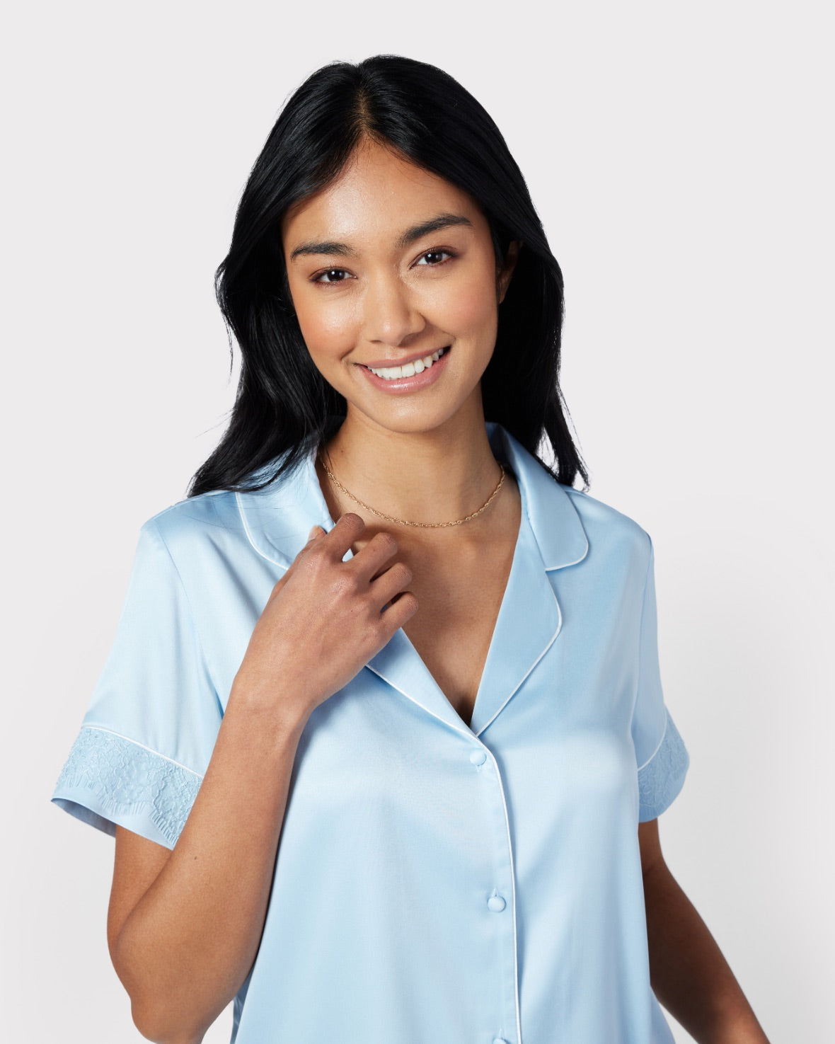 Satin Lace Trim Short Pyjama Set Pastel Blue Chelsea Peers