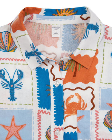 Linen-Blend Patchwork Beach Print Shirt